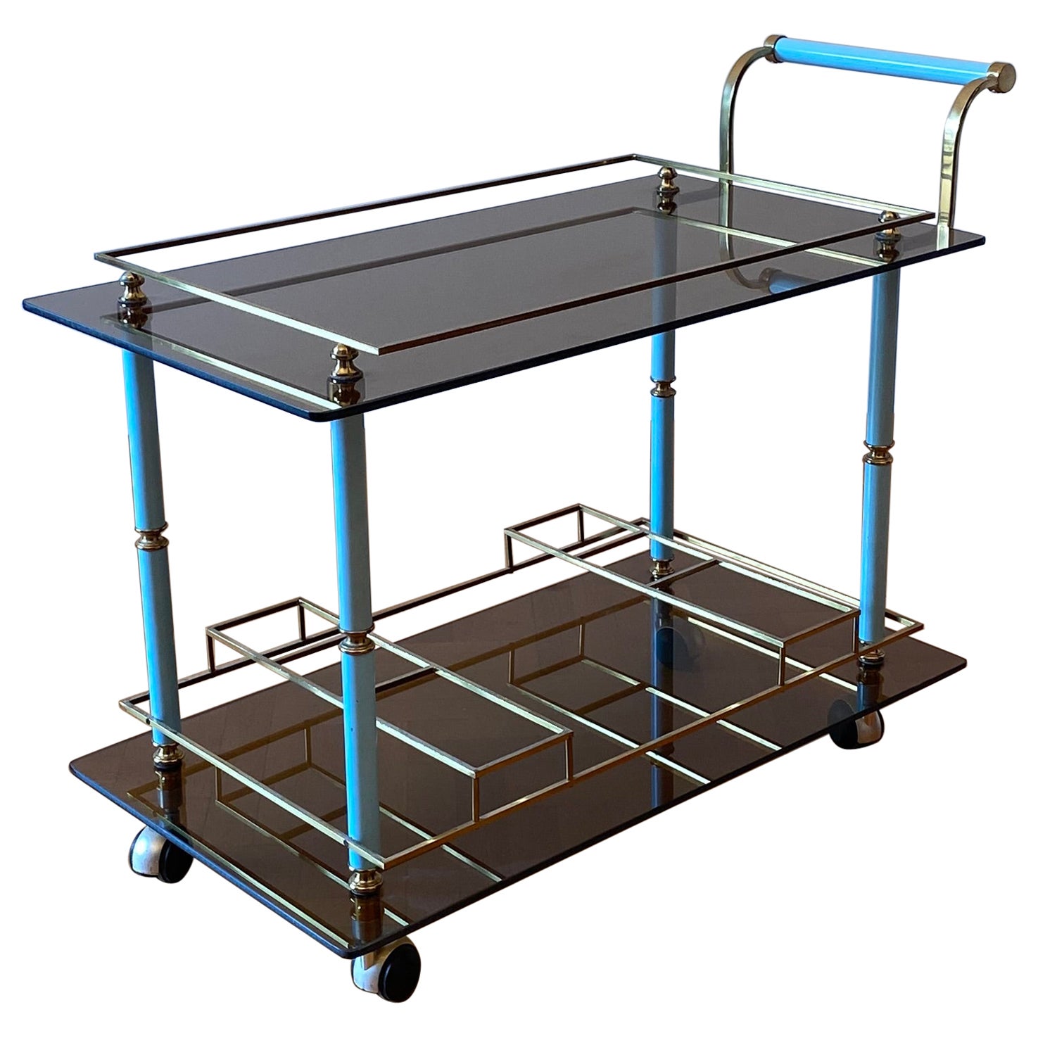 1960s Bar Cart Drinks Trolley Brass Table Smoked Glass Hollywood Regency Italian