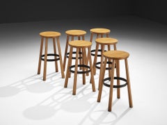 1960s Bar Stools in Blonde Wood and Hammered Iron