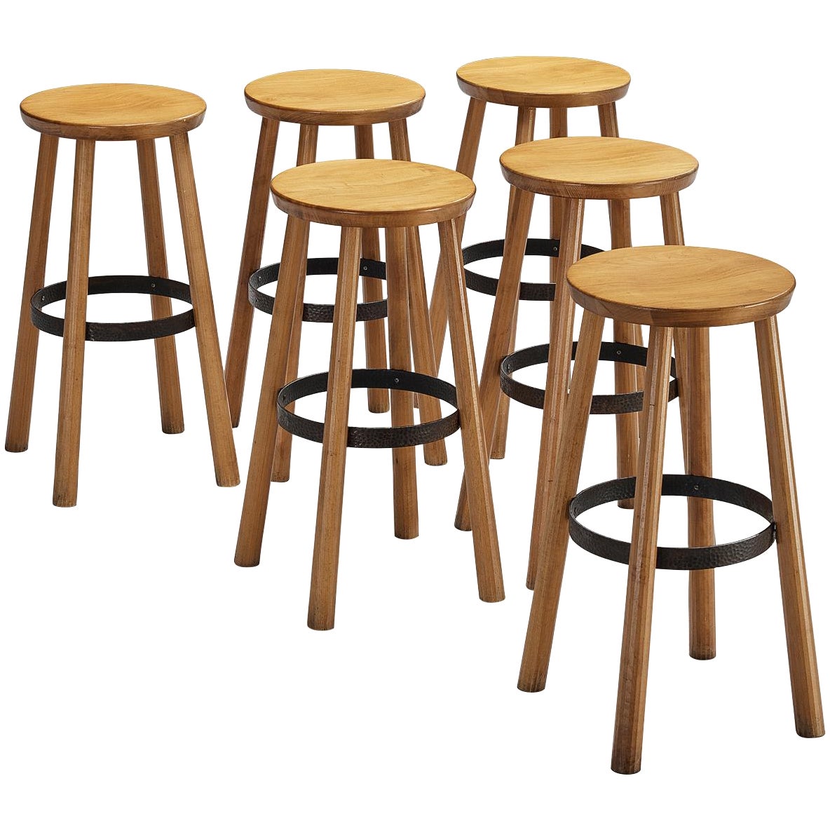 1960s Bar Stools in Blonde Wood and Hammered Iron