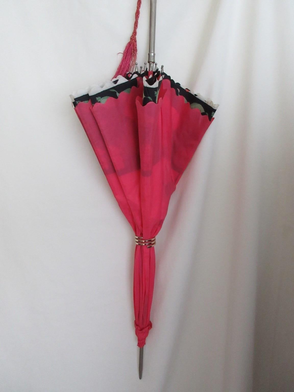 Women's or Men's 1960's Barbie Pink Umbrella Parasol Roses with Horse Details For Sale