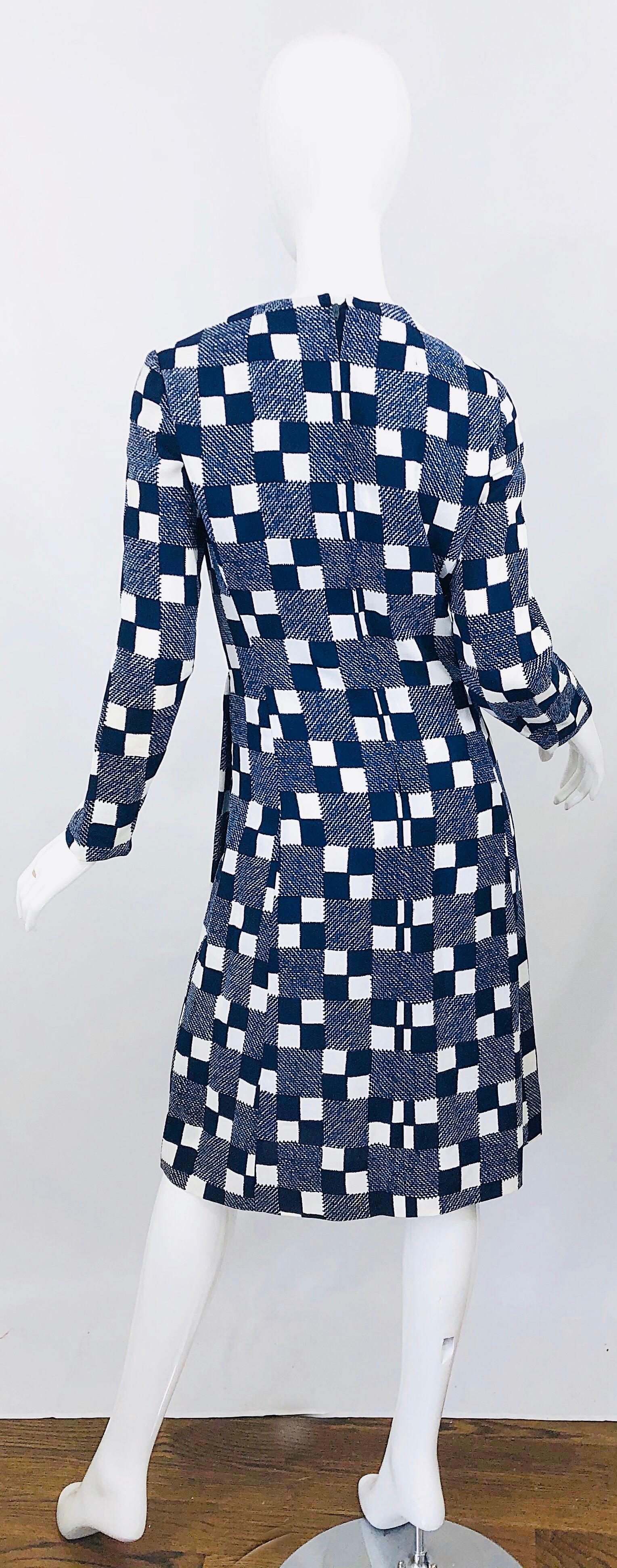 1960s Baron Peters Navy Blue + White Checkered Rayon Crepe Vintage 60s Dress For Sale 3