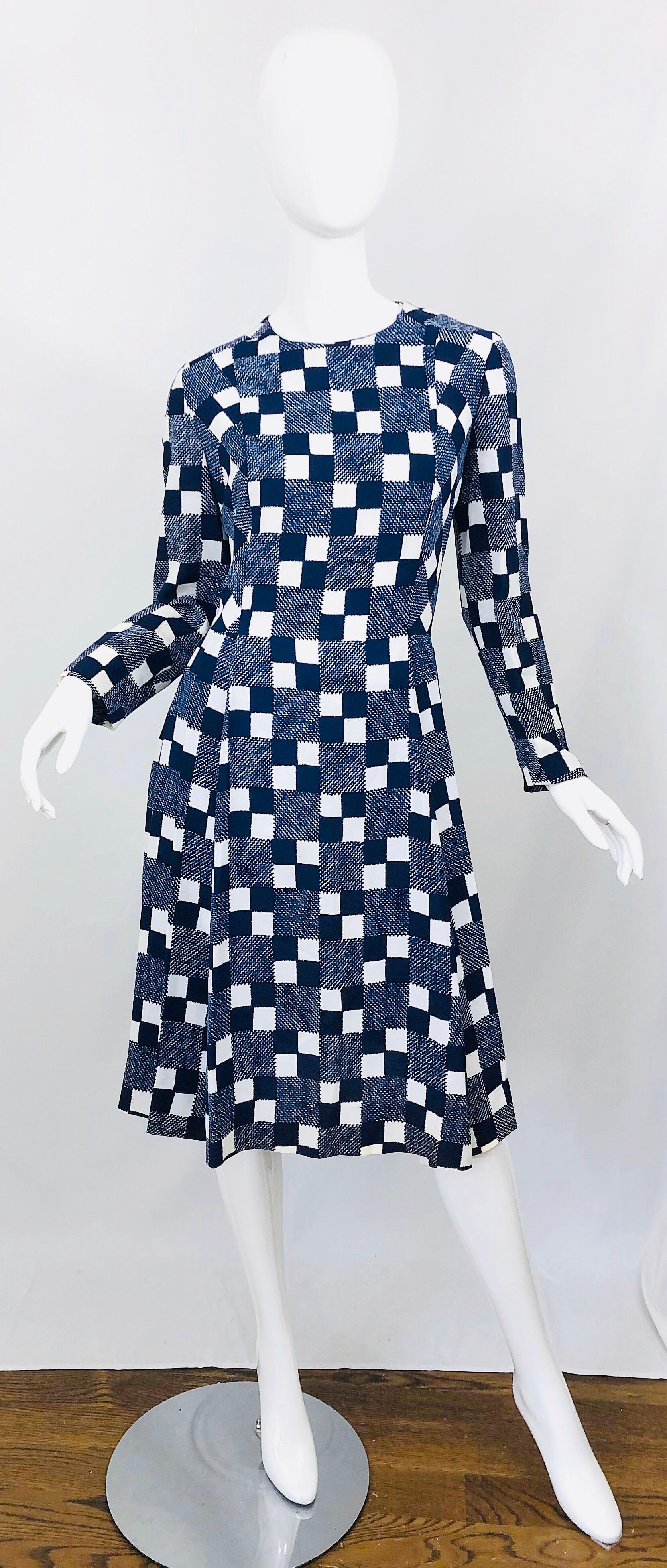 1960s Baron Peters Navy Blue + White Checkered Rayon Crepe Vintage 60s Dress For Sale 4