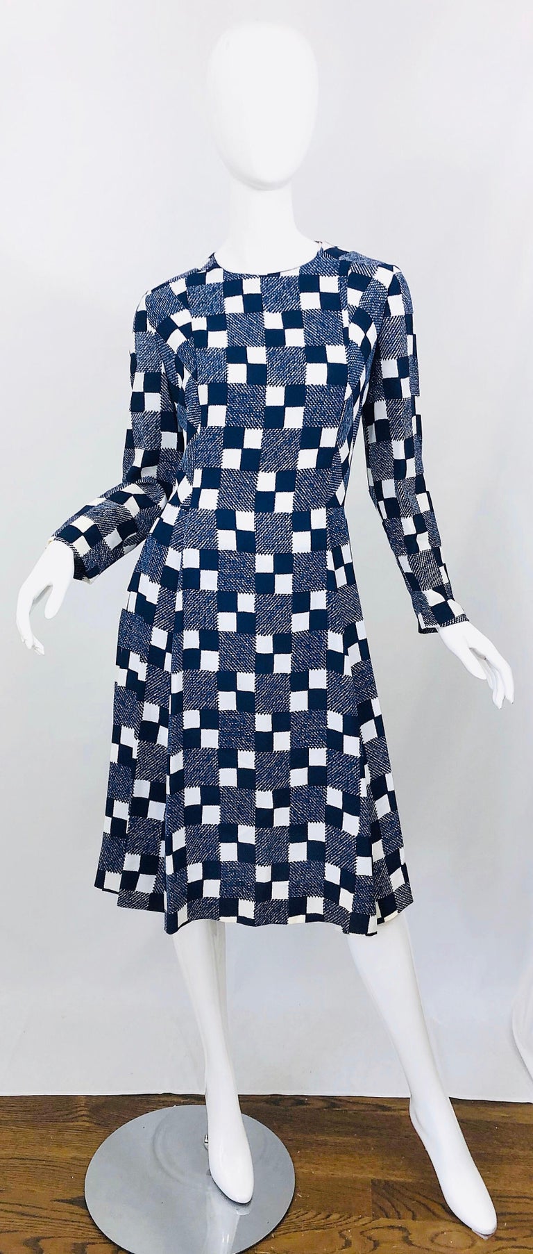 1960s Baron Peters Navy Blue + White Checkered Rayon Crepe Vintage 60s Dress 1960s Baron Peters Navy Blue + White Checkered Rayon Crepe Vintage 60s Dress