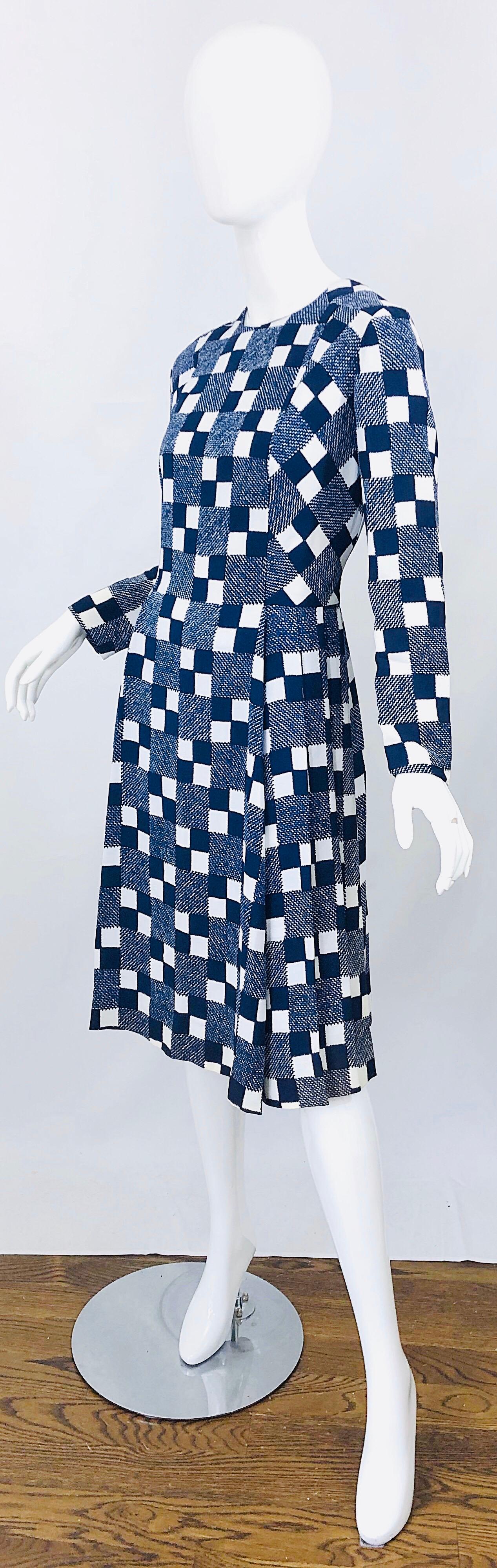 Women's 1960s Baron Peters Navy Blue + White Checkered Rayon Crepe Vintage 60s Dress For Sale