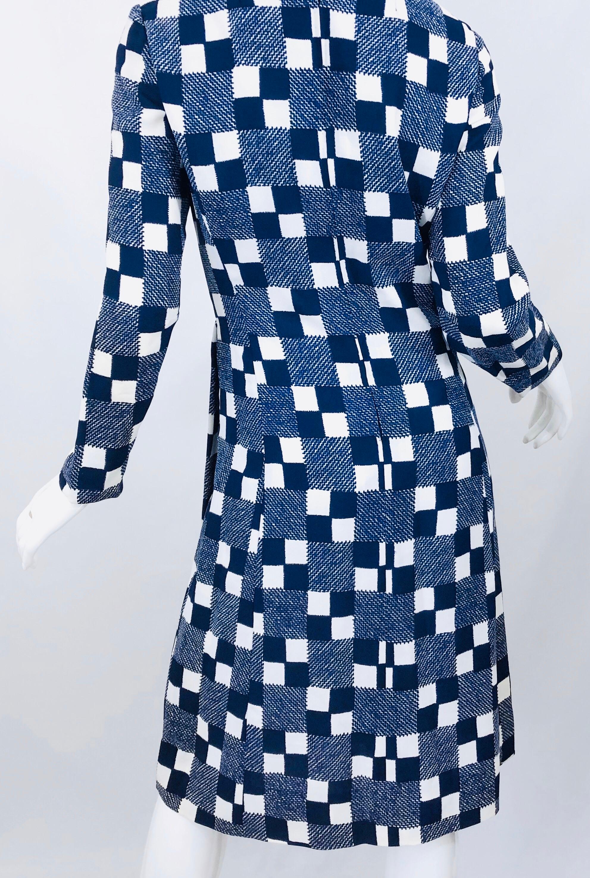 1960s Baron Peters Navy Blue + White Checkered Rayon Crepe Vintage 60s Dress For Sale 1