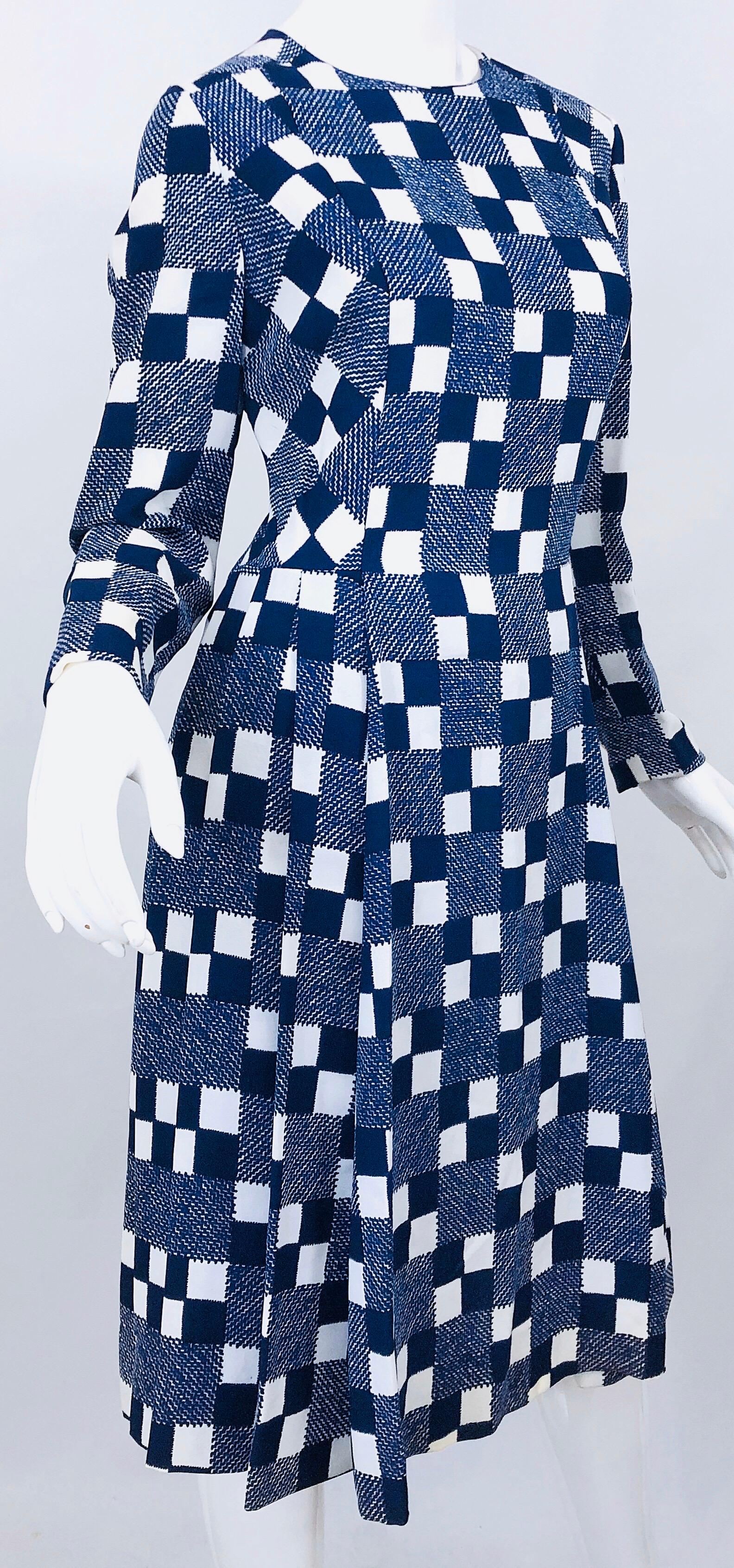 1960s Baron Peters Navy Blue + White Checkered Rayon Crepe Vintage 60s Dress For Sale 2