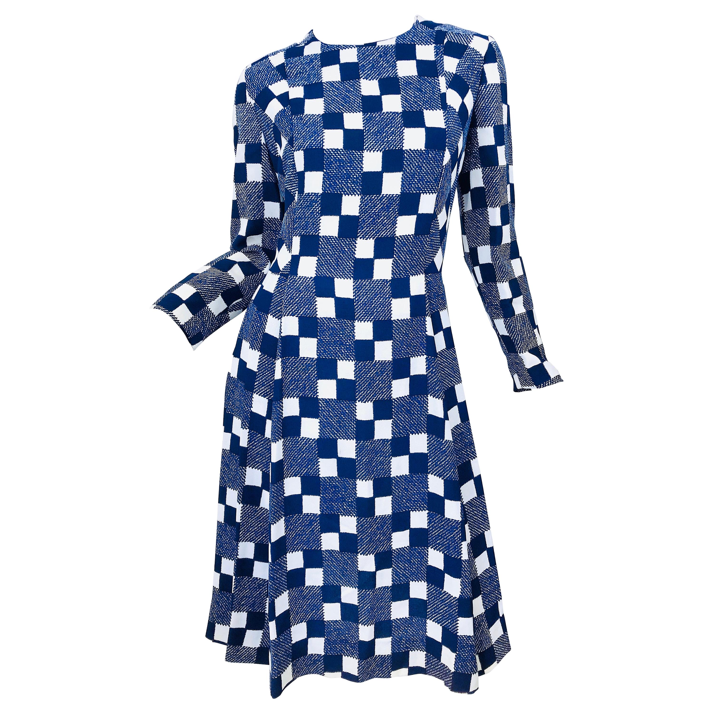 1960s Baron Peters Navy Blue + White Checkered Rayon Crepe Vintage 60s Dress For Sale