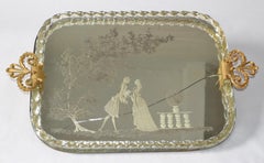 1960s Barovier Style Etched Murano Art Glass Mirrored Tray Bronze Handles Italy