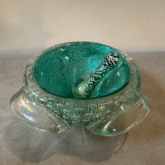 1960s Barovier Style Green and Gold Bullicante Murano Glass Ashtray and Pestle