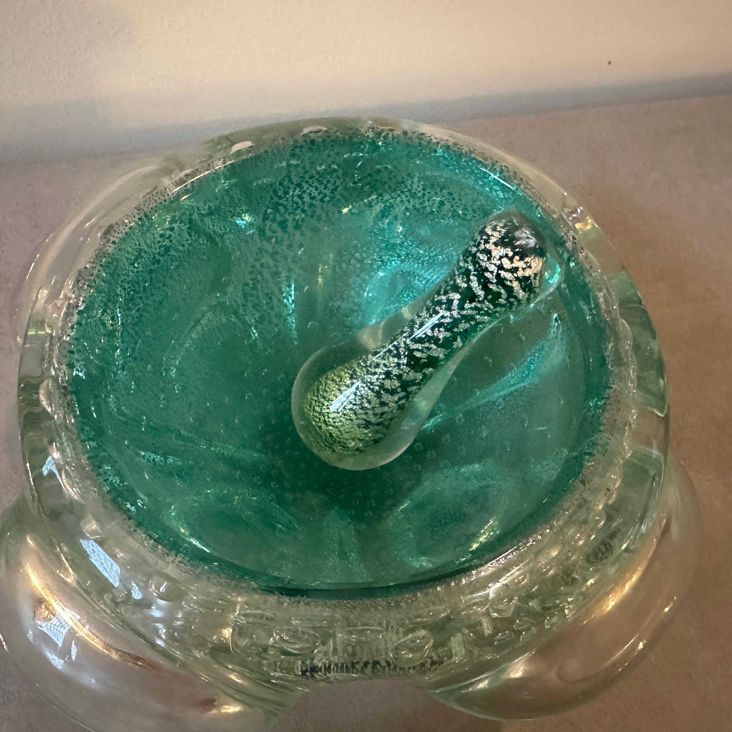 Mid-Century Modern 1960s Barovier Style Green and Gold Bullicante Murano Glass Ashtray and Pestle For Sale