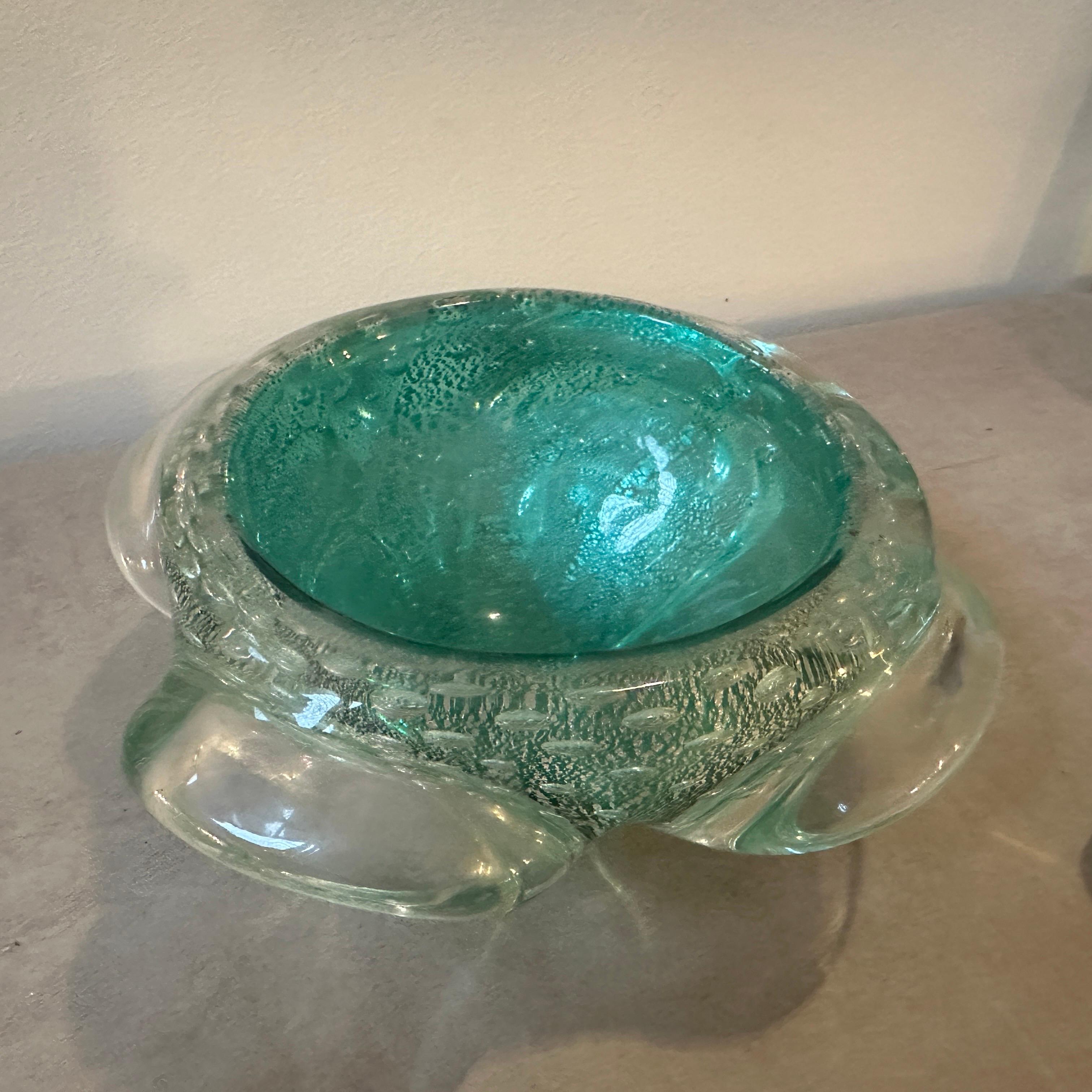 Hand-Crafted 1960s Barovier Style Green and Gold Bullicante Murano Glass Ashtray and Pestle For Sale