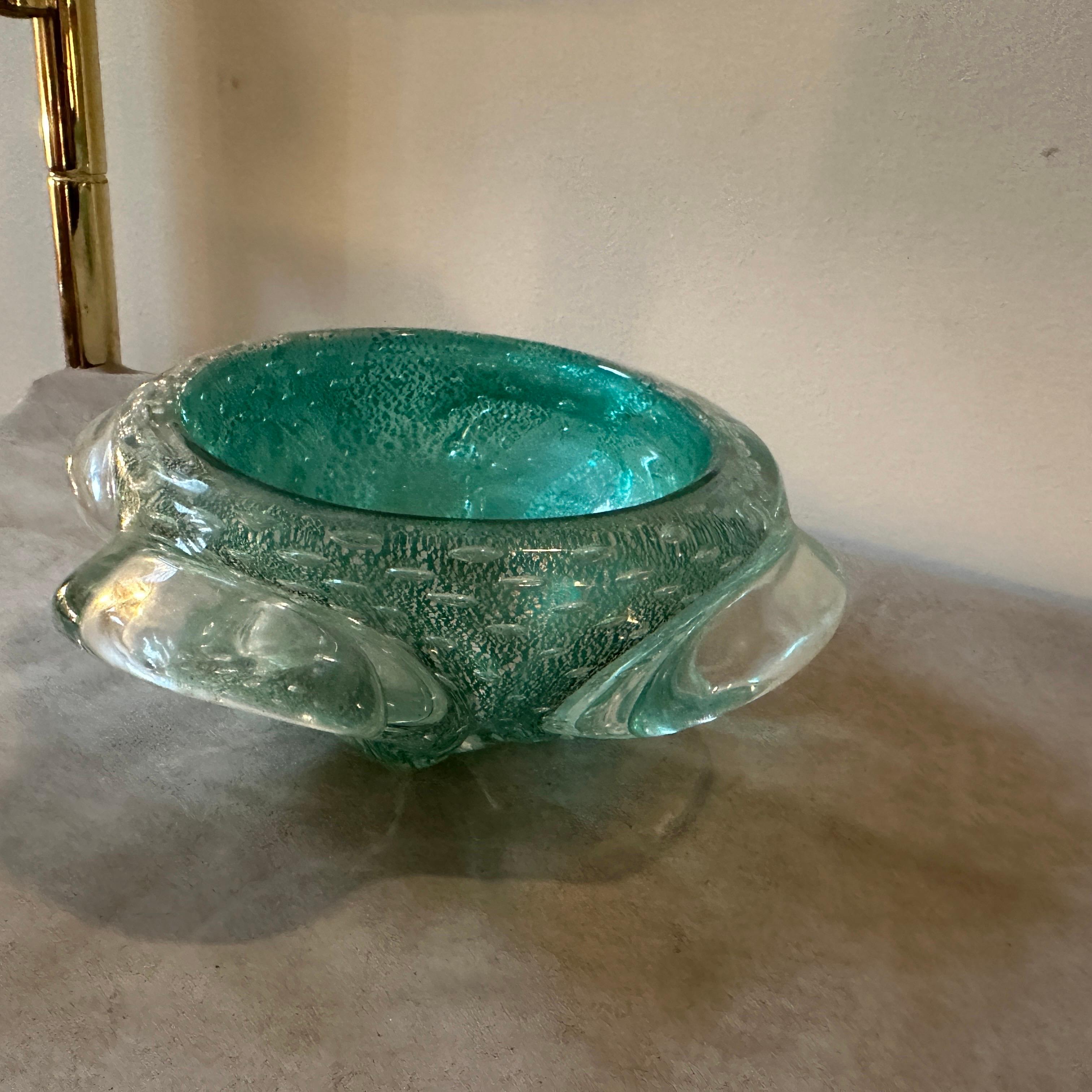 1960s Barovier Style Green and Gold Bullicante Murano Glass Ashtray and Pestle For Sale 2