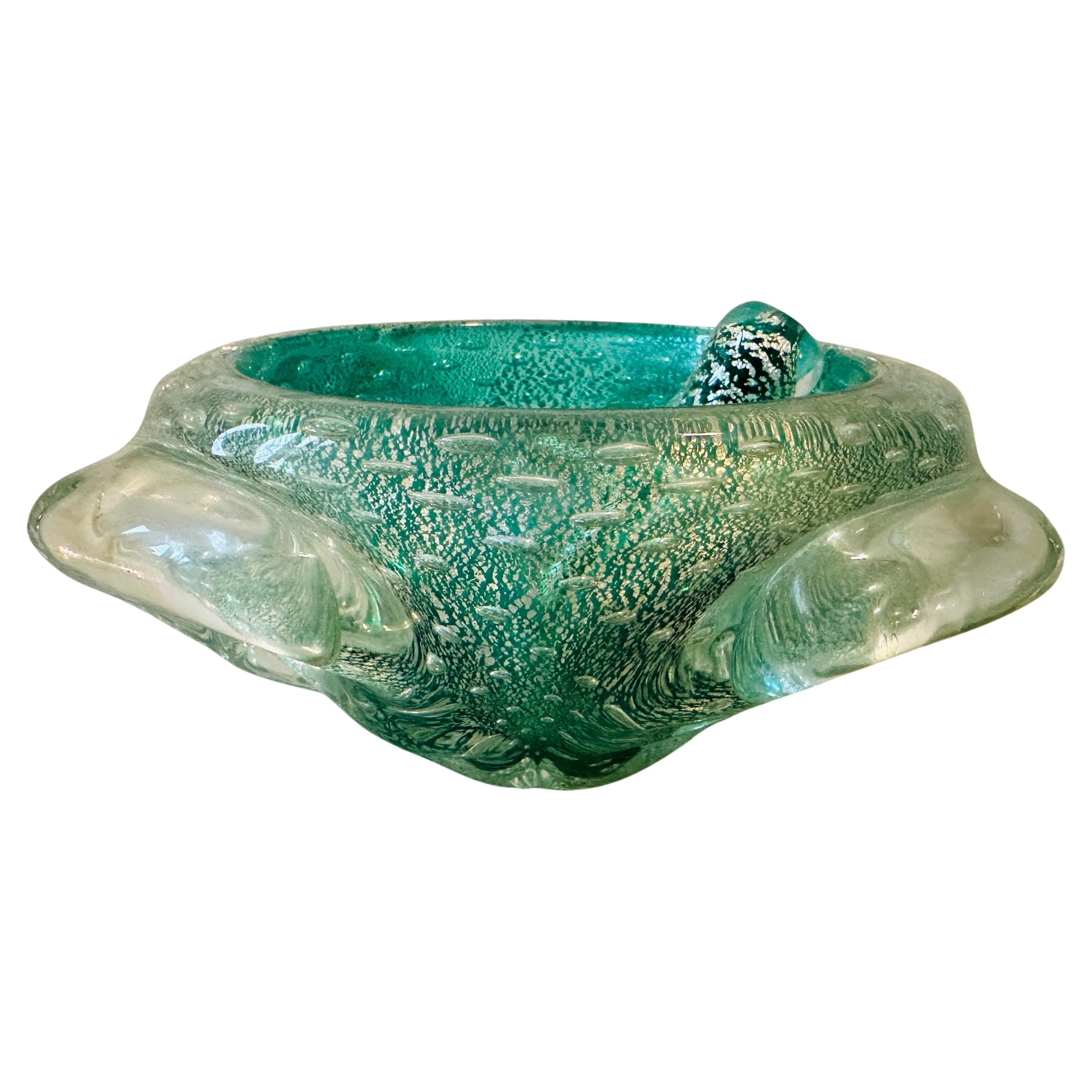 1960s Barovier Style Green and Gold Bullicante Murano Glass Ashtray and Pestle For Sale