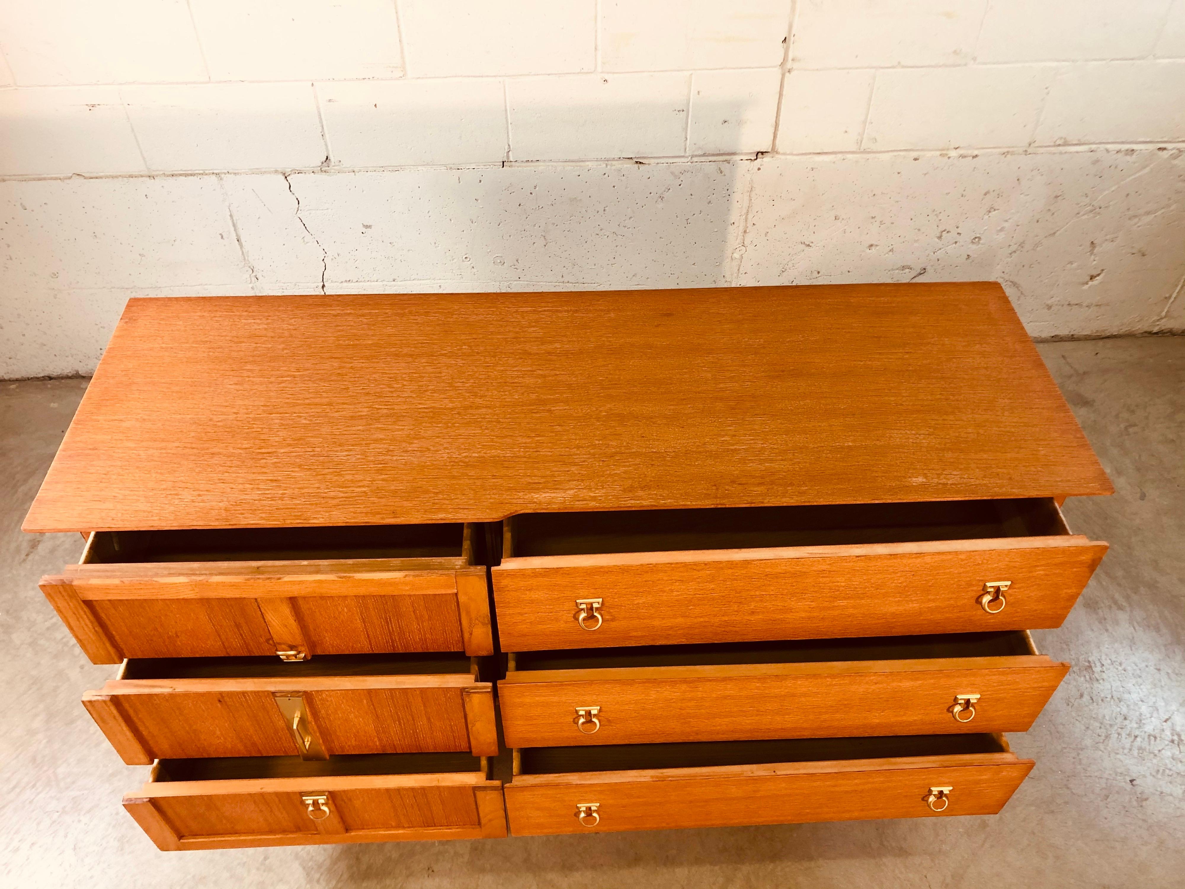 Brass 1960s Basic-Witz Oak 6 Drawer Dresser