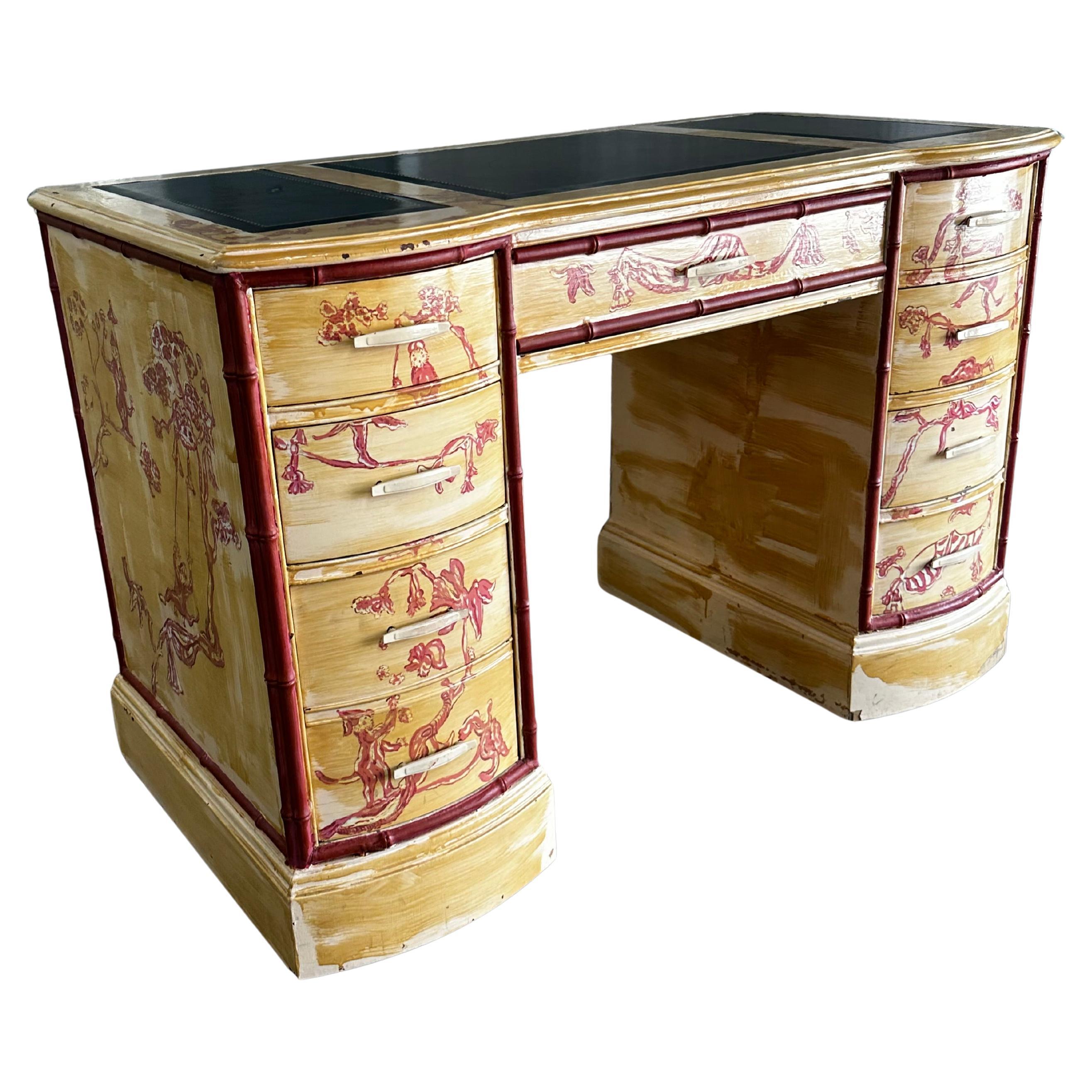 Scrivania Bassett del 1960 in finto legno di bambù dipinto in stile Chinoiserie Japandi in vendita