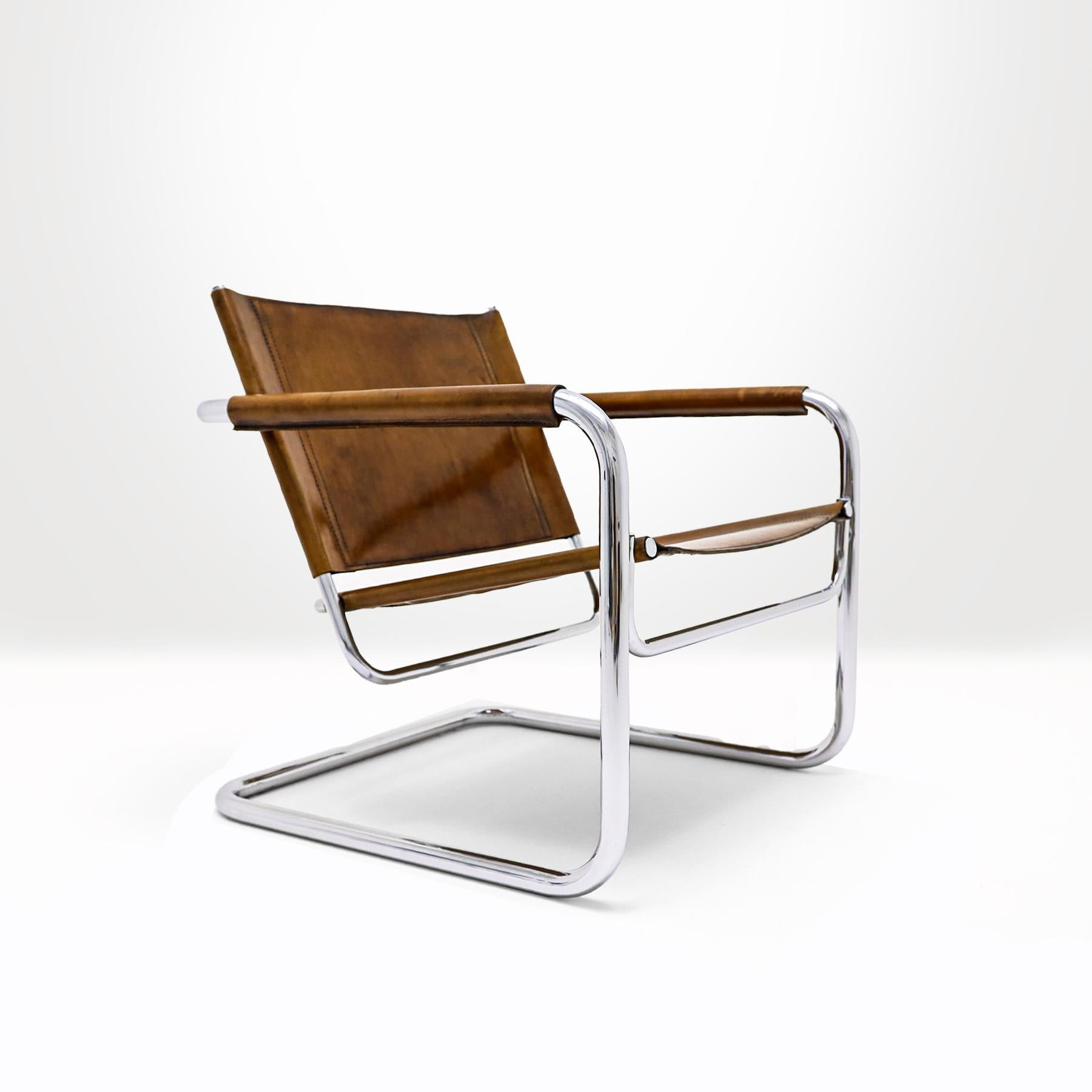 Swiss 1960s Bauhaus style chrome and leather cantilever chair by Heinrich Pfalzberger