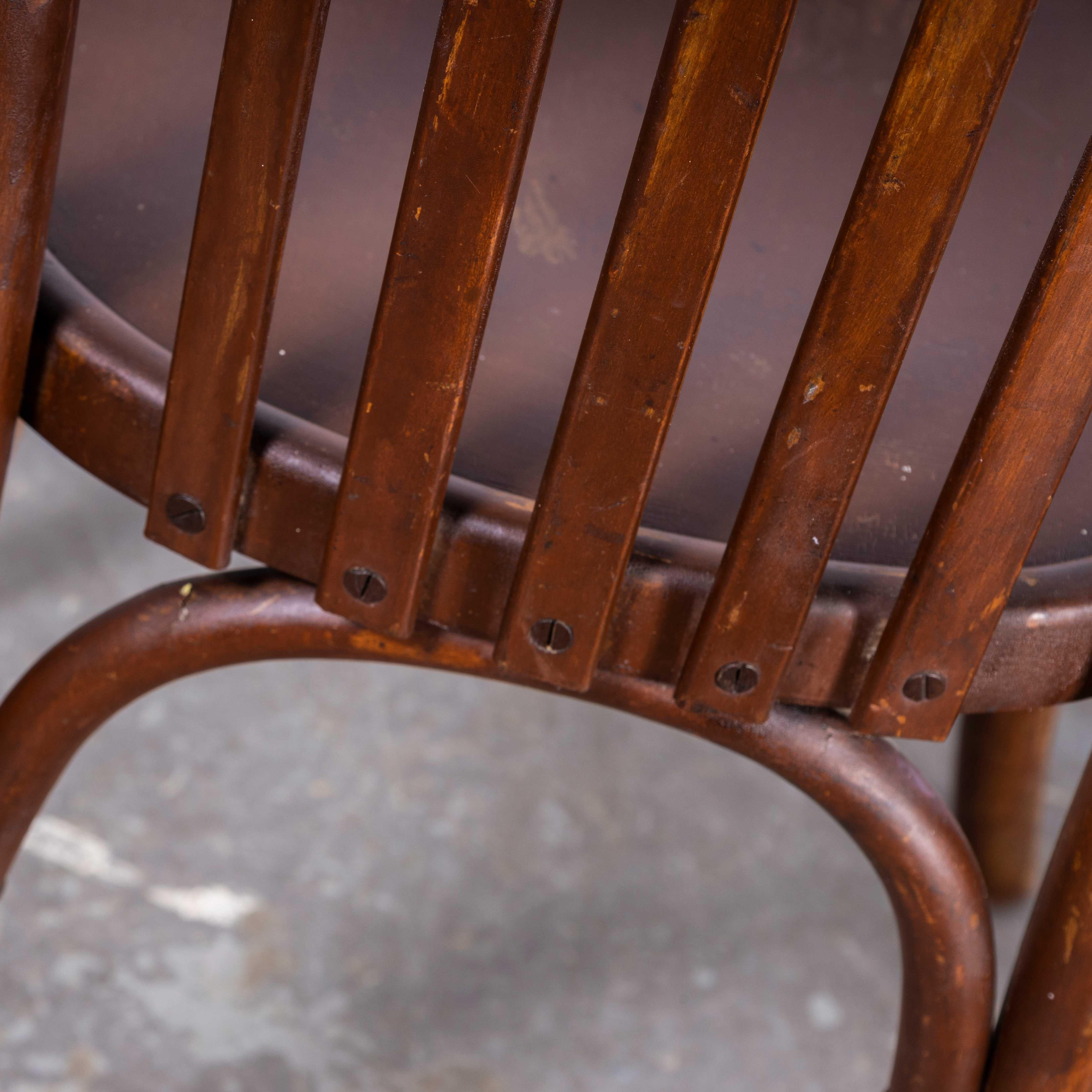 1960s Baumann Dark Oak Bistro Chairs – Set Of Five
1960s Baumann Dark Oak Bistro Chairs – Set Of Five. Classic bistro chairs made in France by the maker Baumann. Baumann chairs are relatively off the radar and are starting to attract the attention