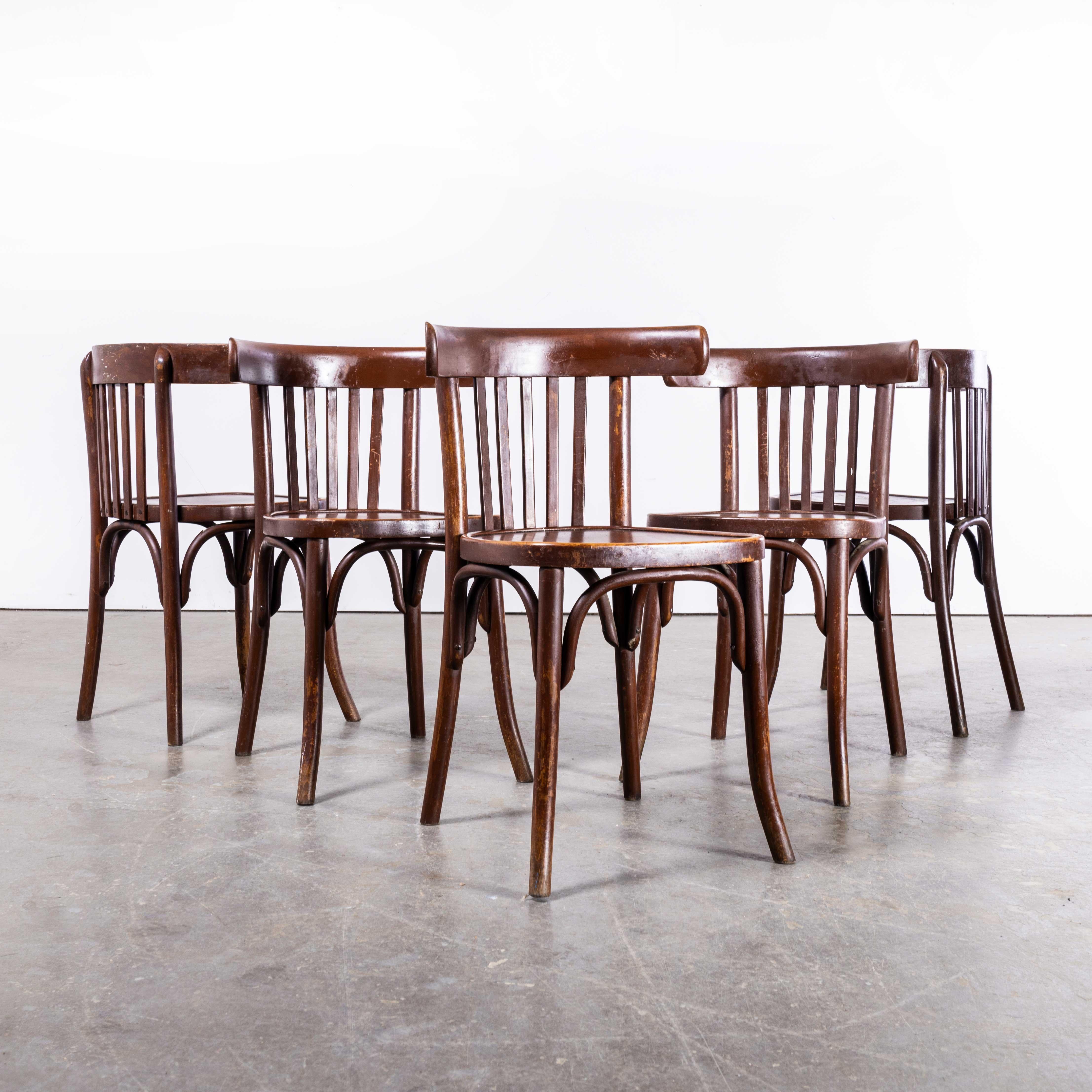 French 1960s Baumann Dark Oak Bistro Chairs, Set of Five