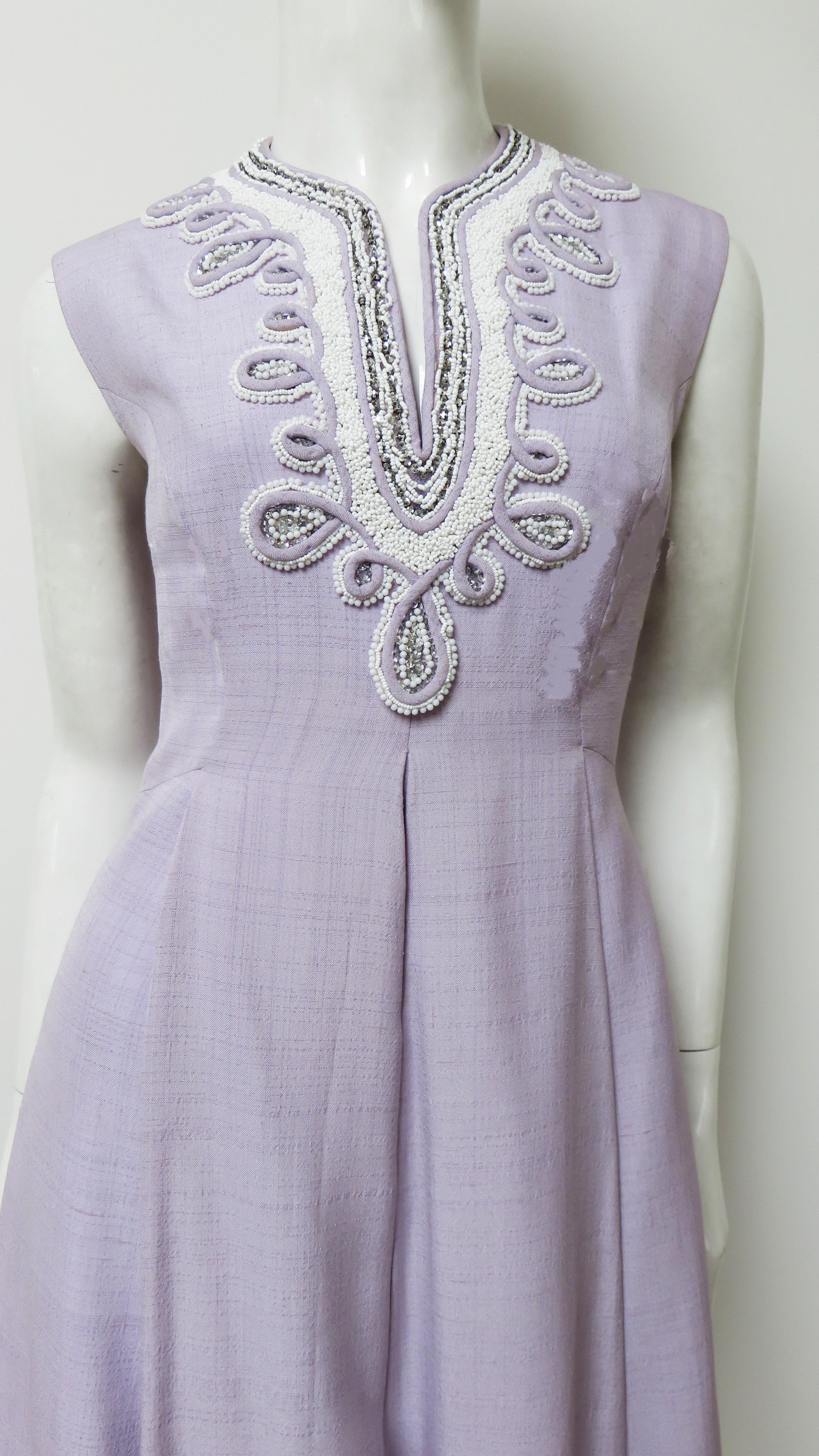 Gray 1960s Bead Trim Lavender Silk Dress  For Sale
