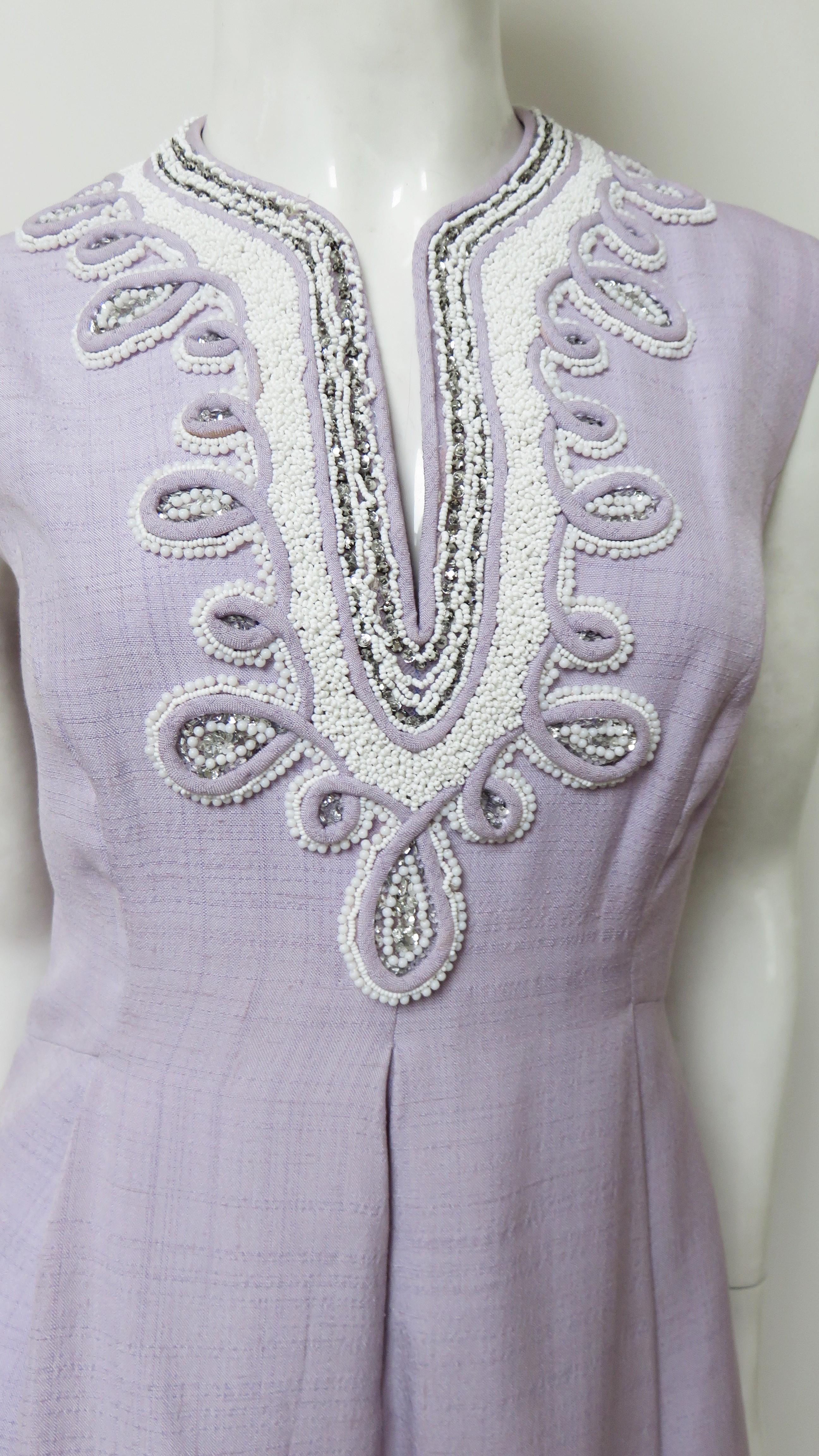 1960s Bead Trim Lavender Silk Dress  In Good Condition For Sale In Water Mill, NY