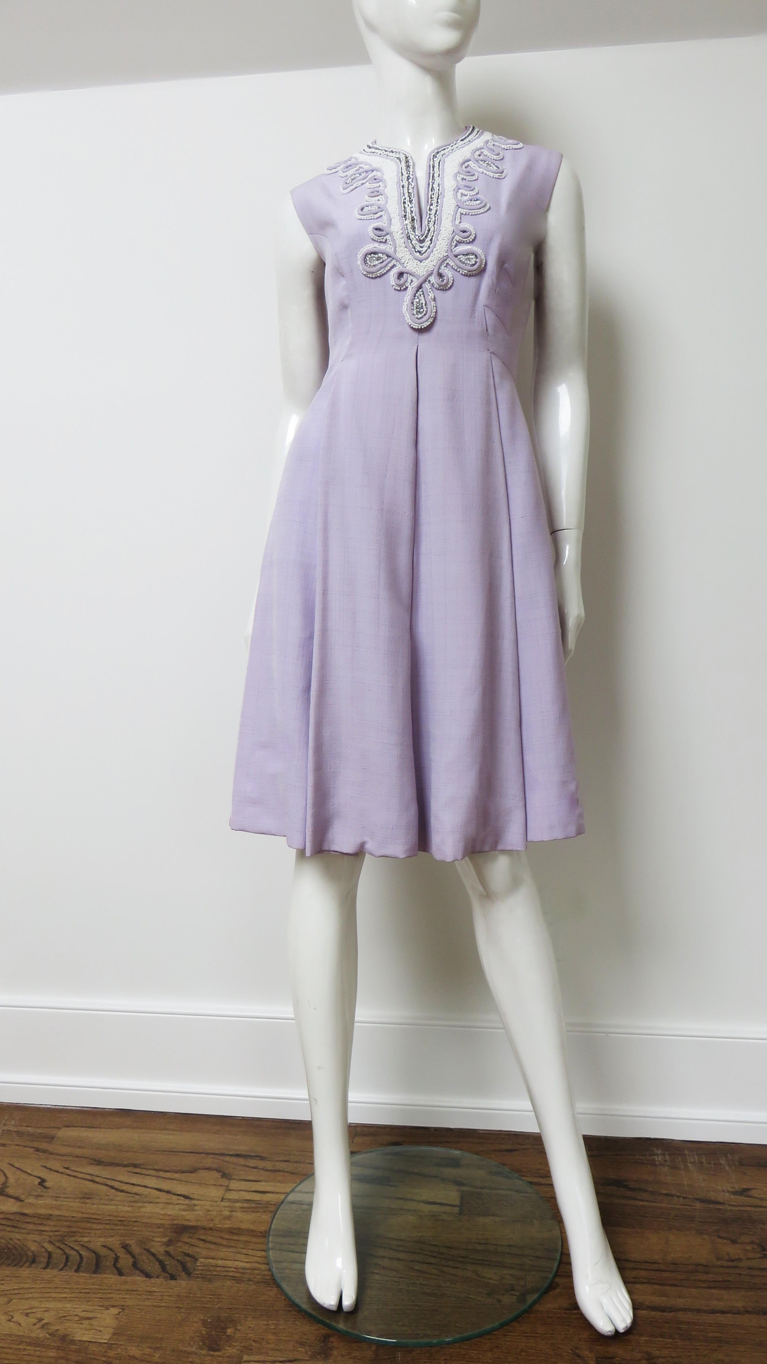 1960s Bead Trim Lavender Silk Dress  For Sale 1