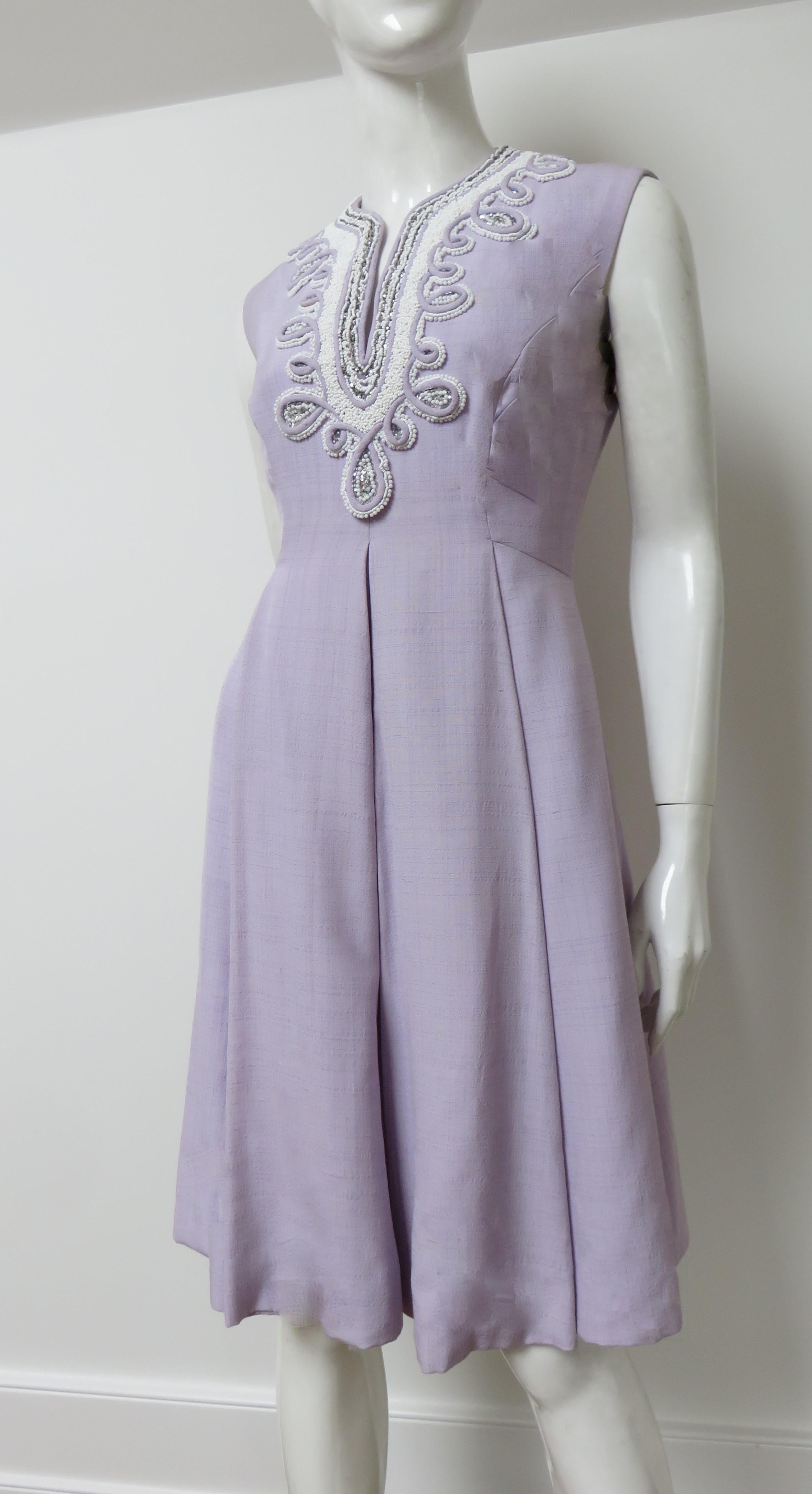 1960s Bead Trim Lavender Silk Dress  For Sale 2