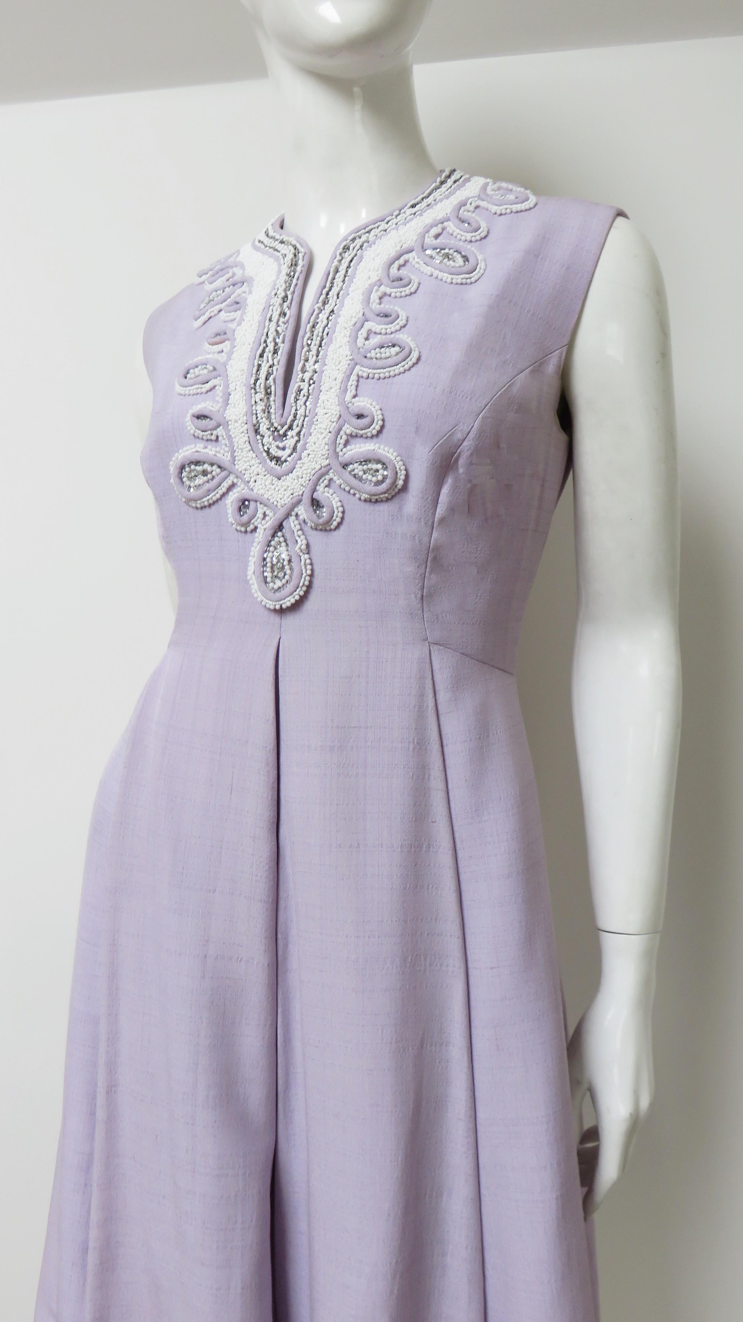 1960s Bead Trim Lavender Silk Dress  For Sale 3