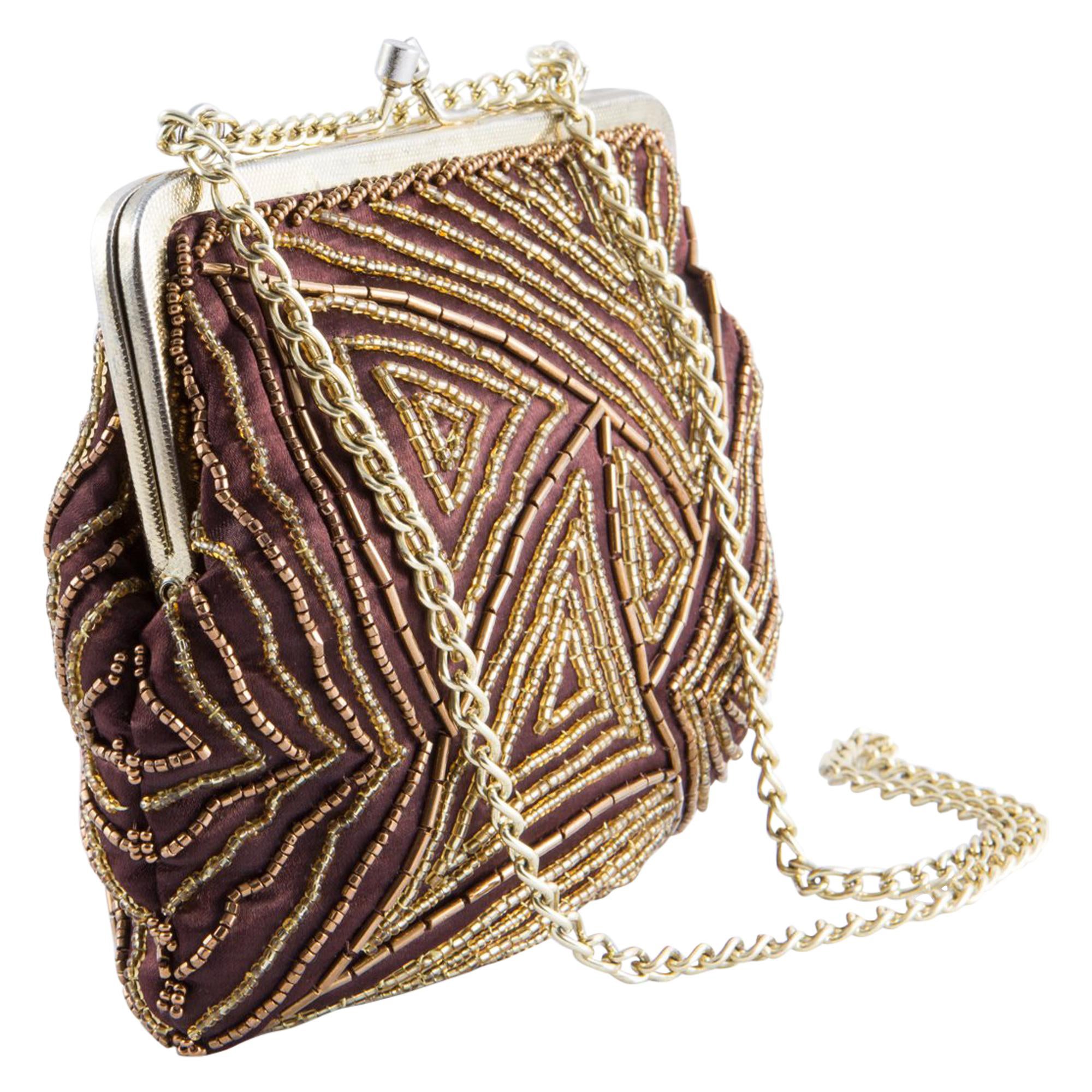 Borsa da sera in seta marrone con perline degli anni '60