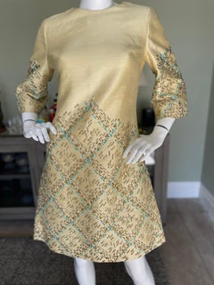 1960's Beaded Butter Yellow Dupioni Silk Cocktail Dress