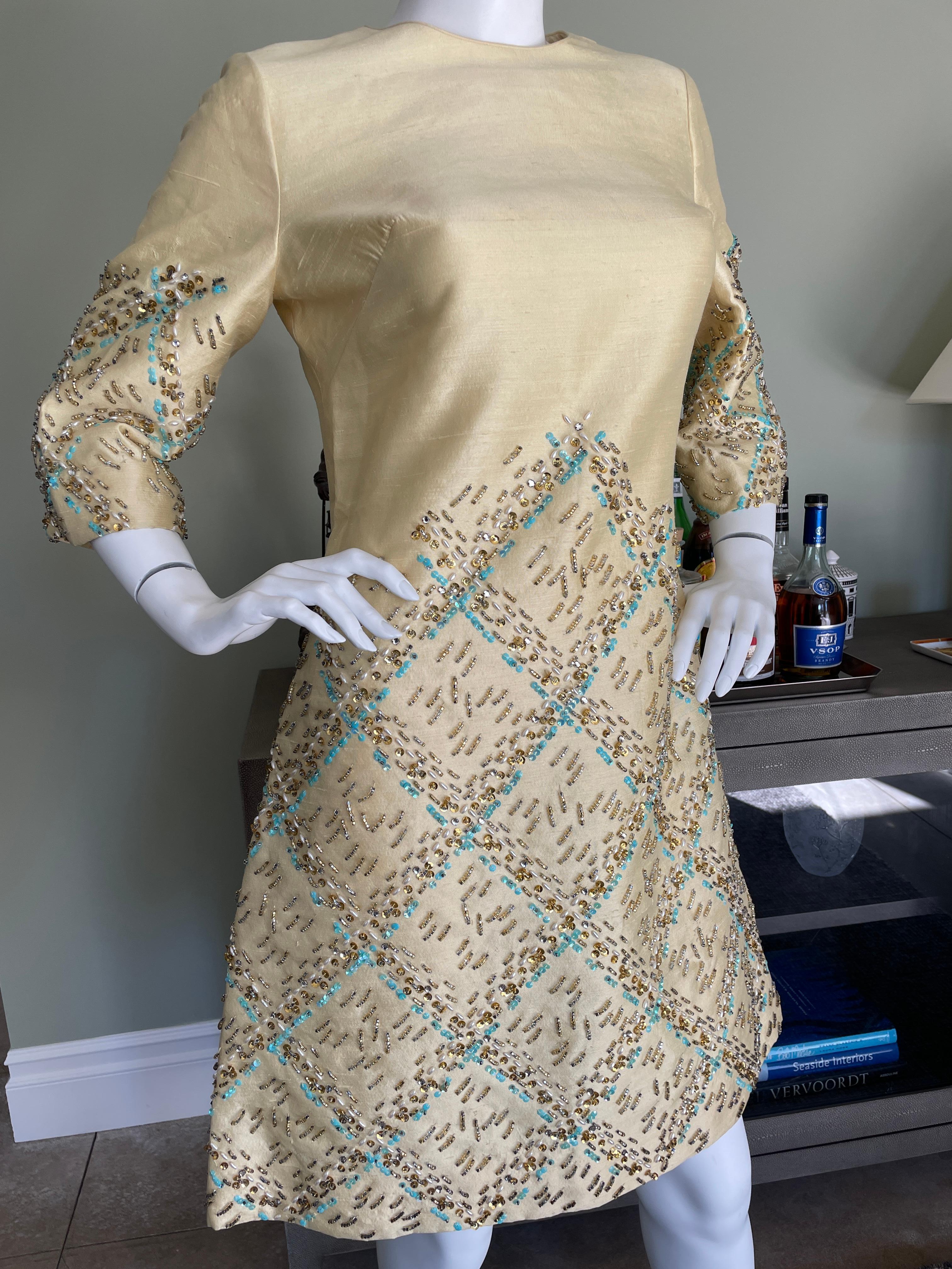 1960's Beaded Butter Yellow Dupioni Silk Cocktail Dress For Sale 1
