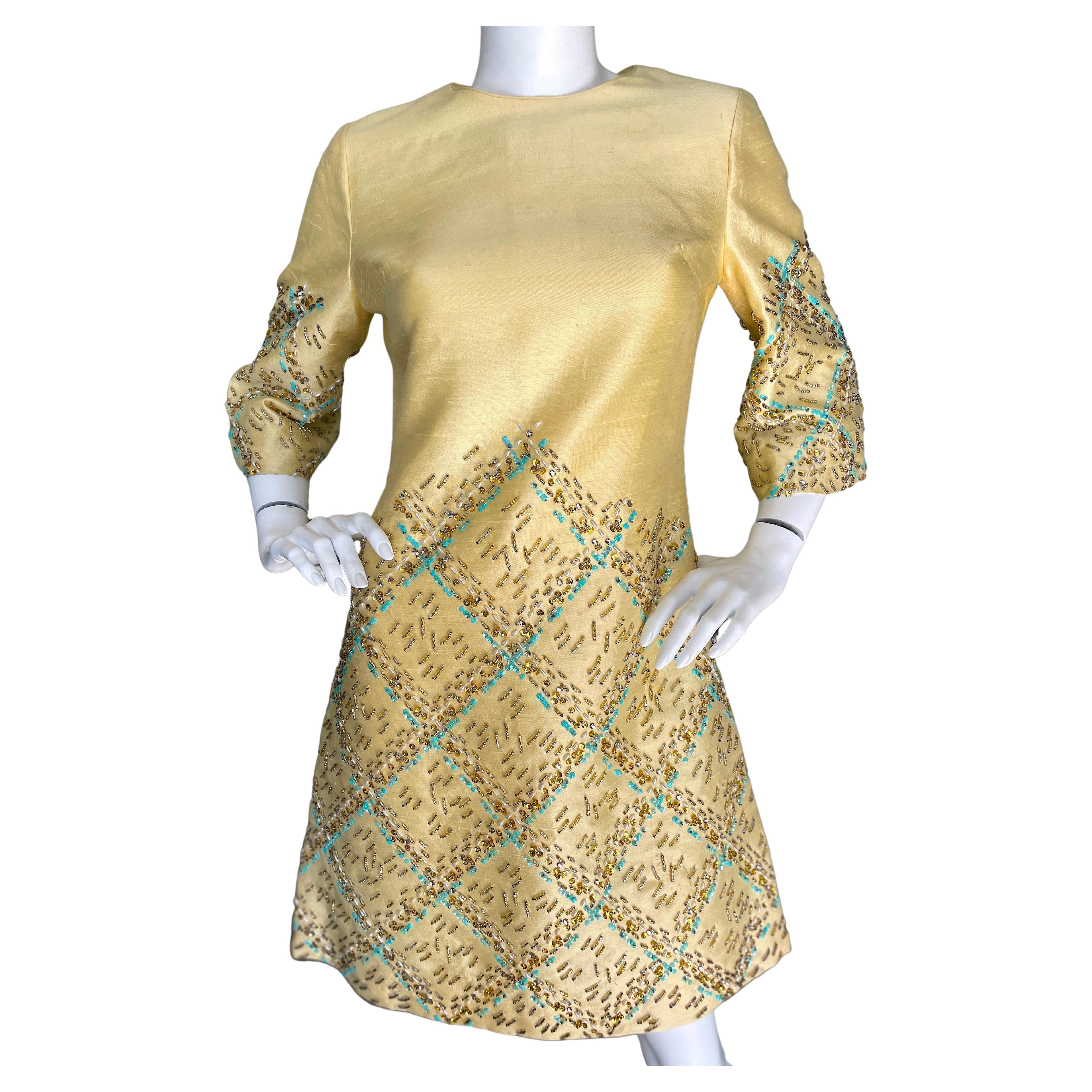 1960's Beaded Butter Yellow Dupioni Silk Cocktail Dress For Sale