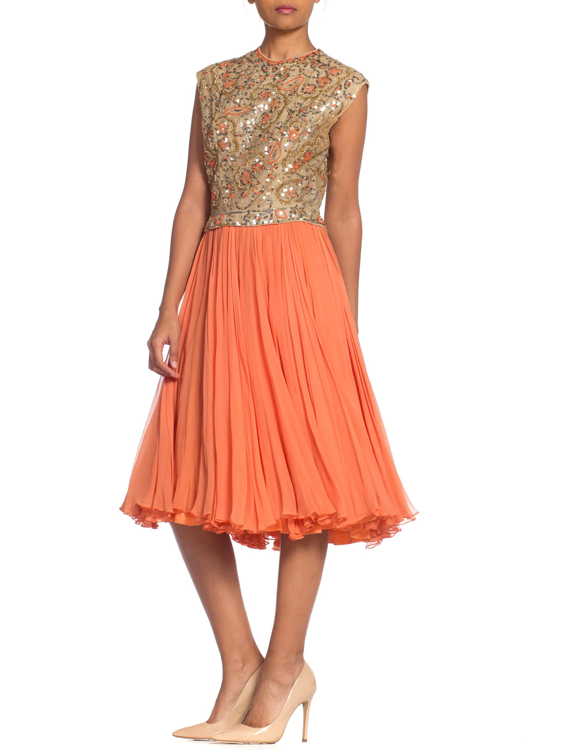 1960s Beaded Pat Sandler Silk Chiffon Tangerine Orange Dress 3
