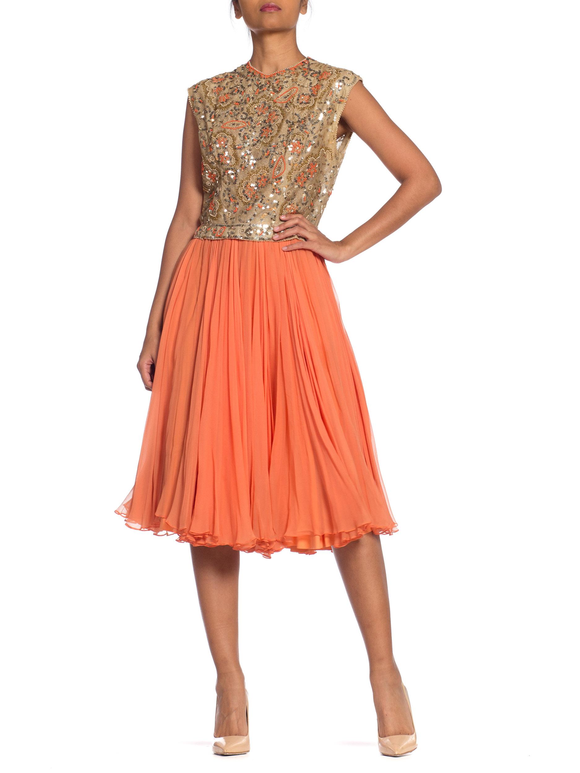 1960s Beaded Pat Sandler Silk Chiffon Tangerine Orange Dress 4