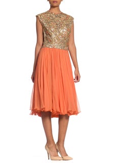 robe des années 1960 en mousseline de soie perlée Pat Sandler orange mandarine