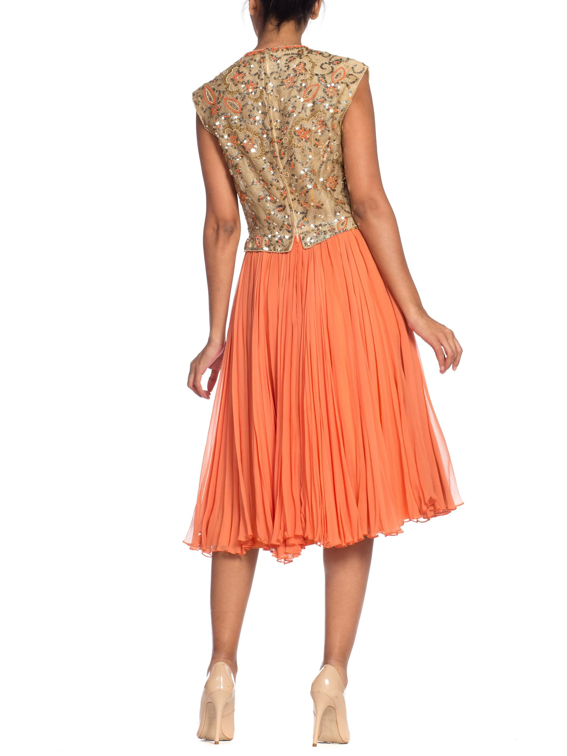 1960s Beaded Pat Sandler Silk Chiffon Tangerine Orange Dress 1