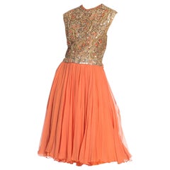 1960s Beaded Pat Sandler Silk Chiffon Tangerine Orange Dress