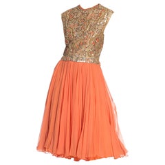 Vintage 1960s Beaded Pat Sandler Silk Chiffon Tangerine Orange Dress