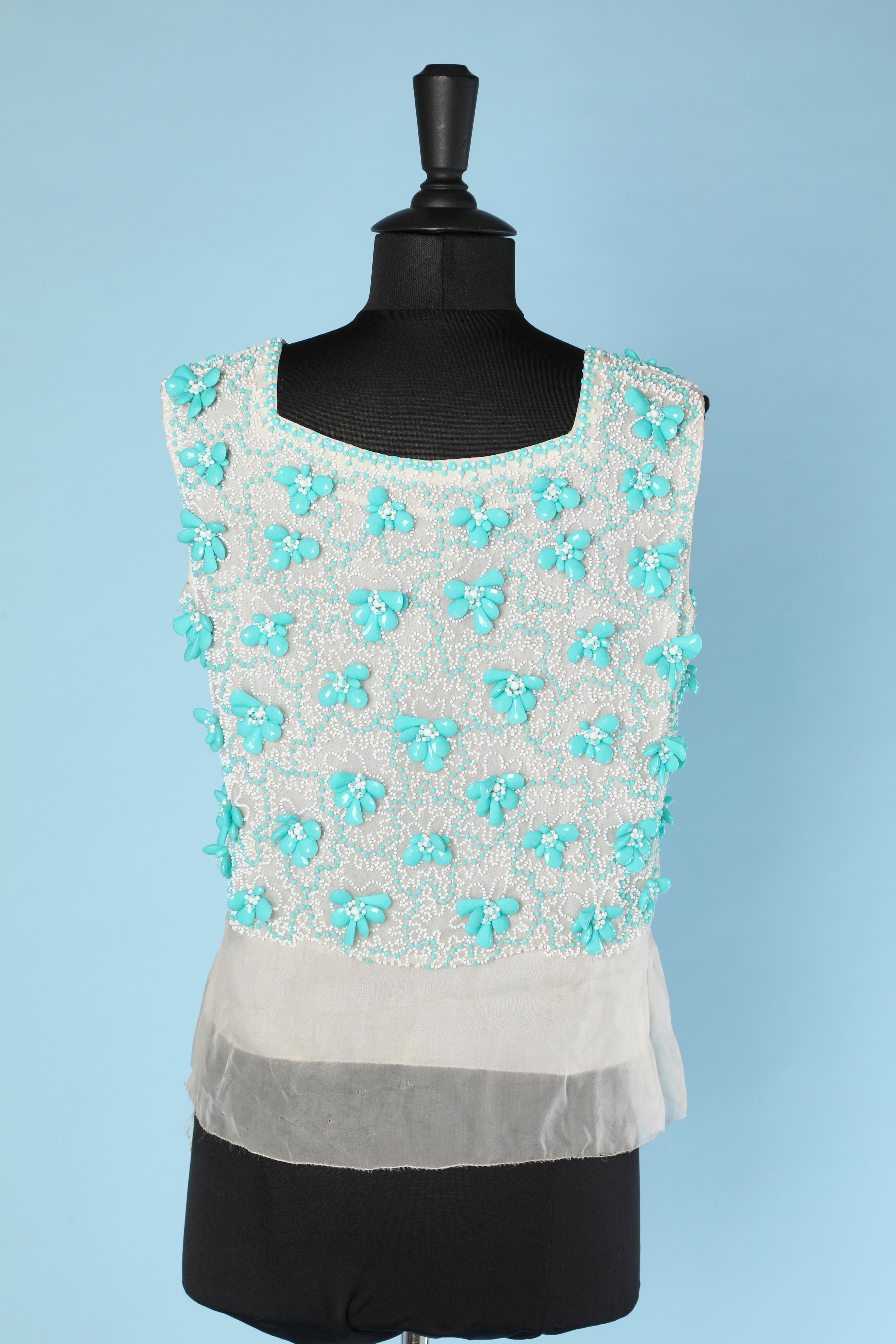 Women's 1960's beaded top on white organza base and turquoise and white beads  For Sale