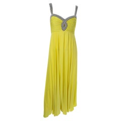 1960s Beaded Vintage Evening Dress in Yellow Green Silk W Rhinestones & Wrap
