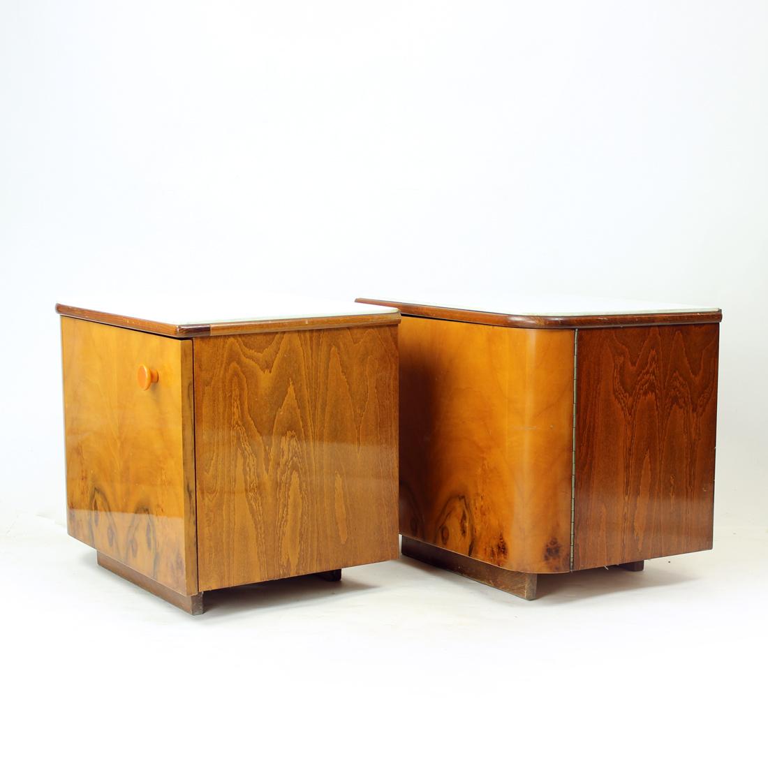 1960s Bedside Tables In Walnut And White Glass, Czechoslovakia For Sale 5
