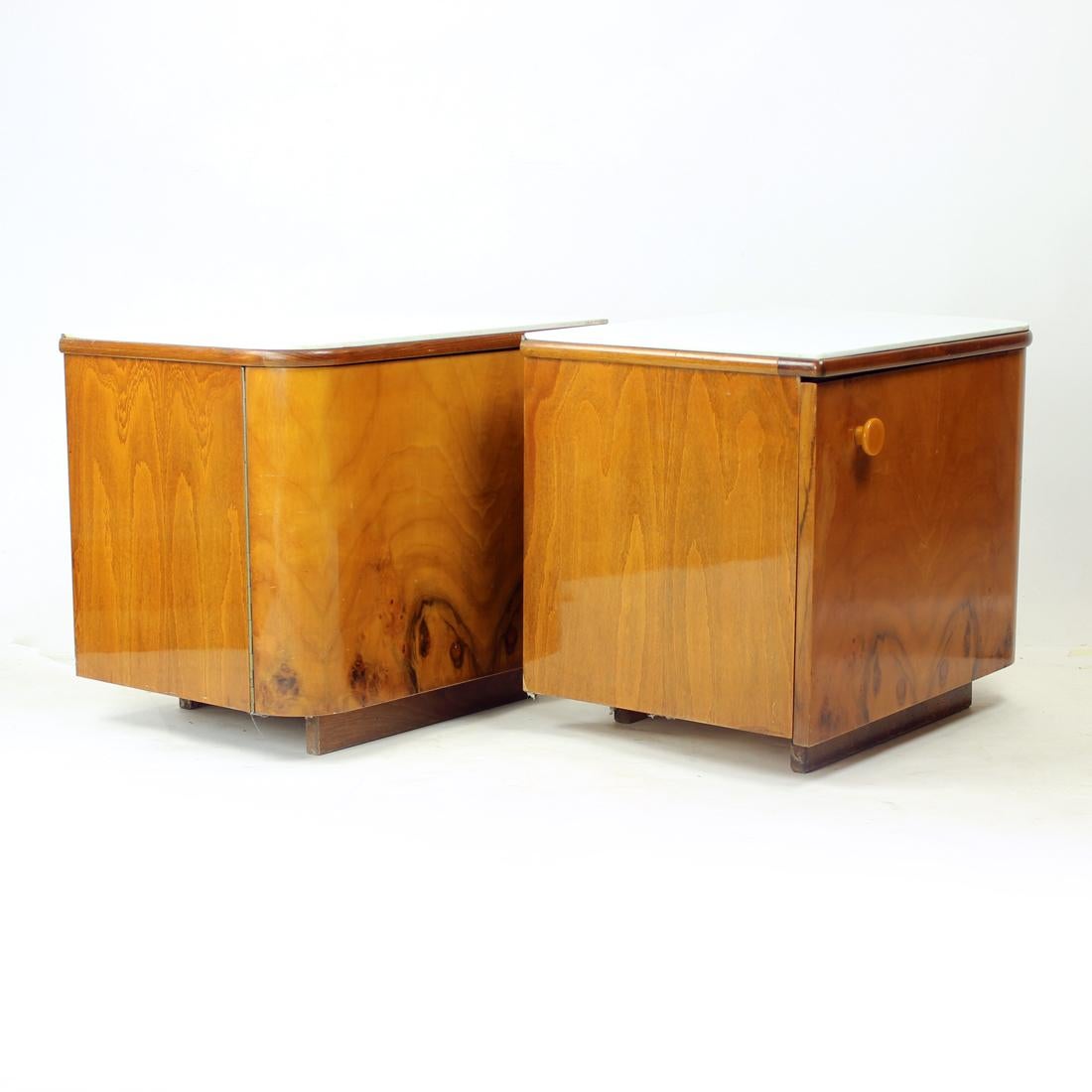 1960s Bedside Tables In Walnut And White Glass, Czechoslovakia For Sale 7