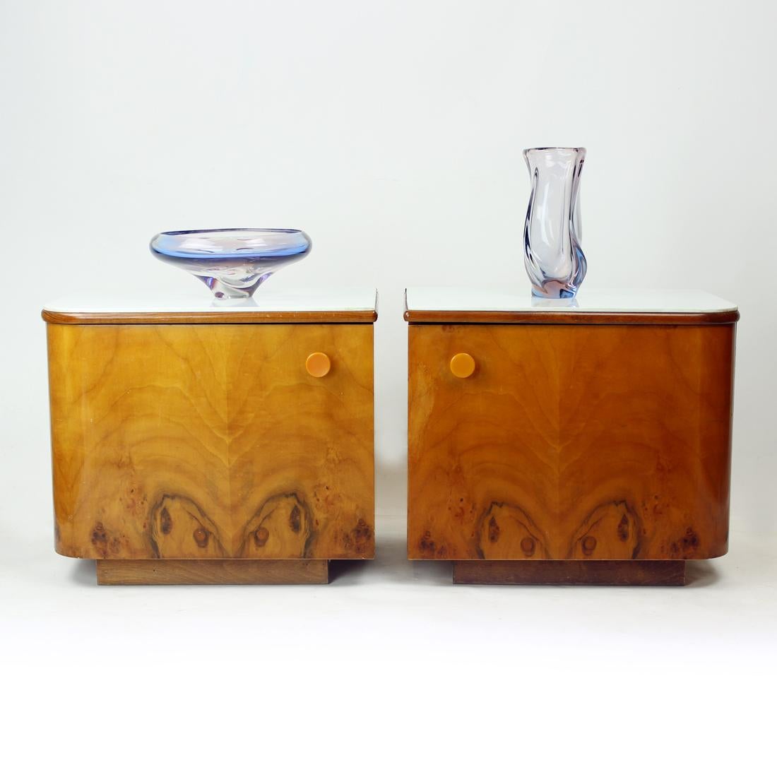 Mid-Century Modern 1960s Bedside Tables In Walnut And White Glass, Czechoslovakia For Sale