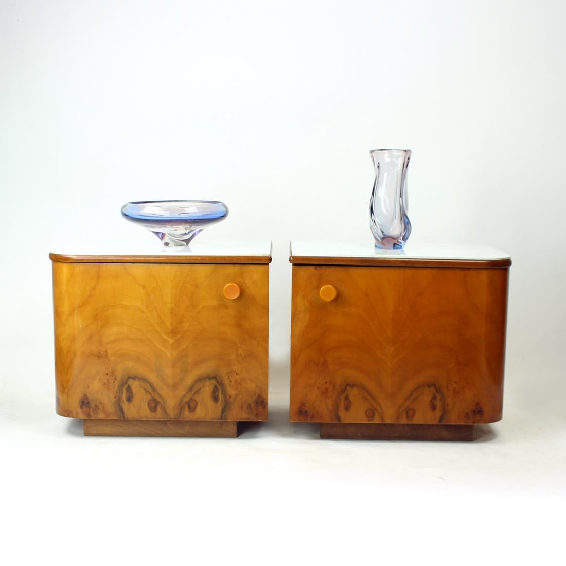 1960s Bedside Tables In Walnut And White Glass, Czechoslovakia In Good Condition For Sale In Zohor, SK