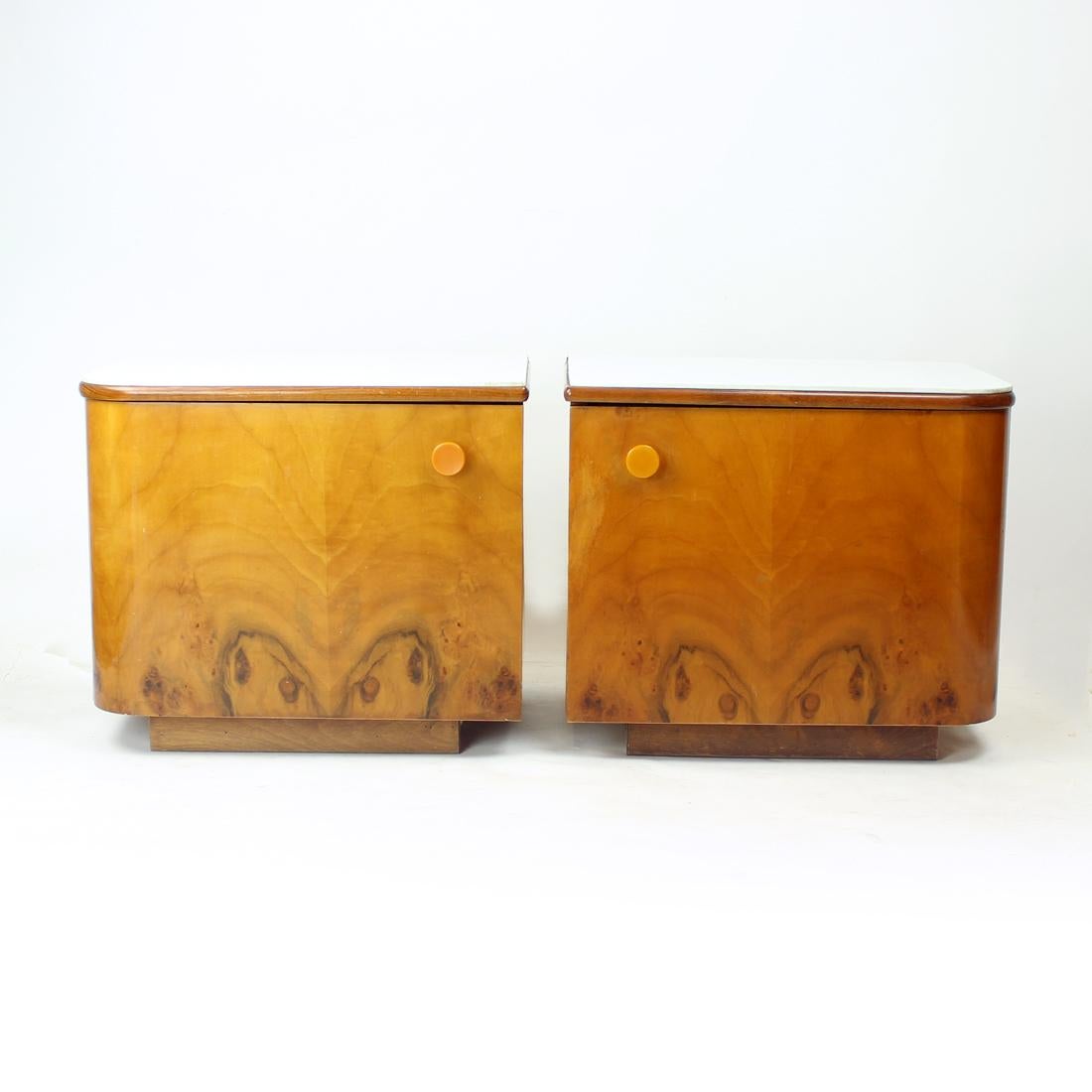 Mid-20th Century 1960s Bedside Tables In Walnut And White Glass, Czechoslovakia For Sale