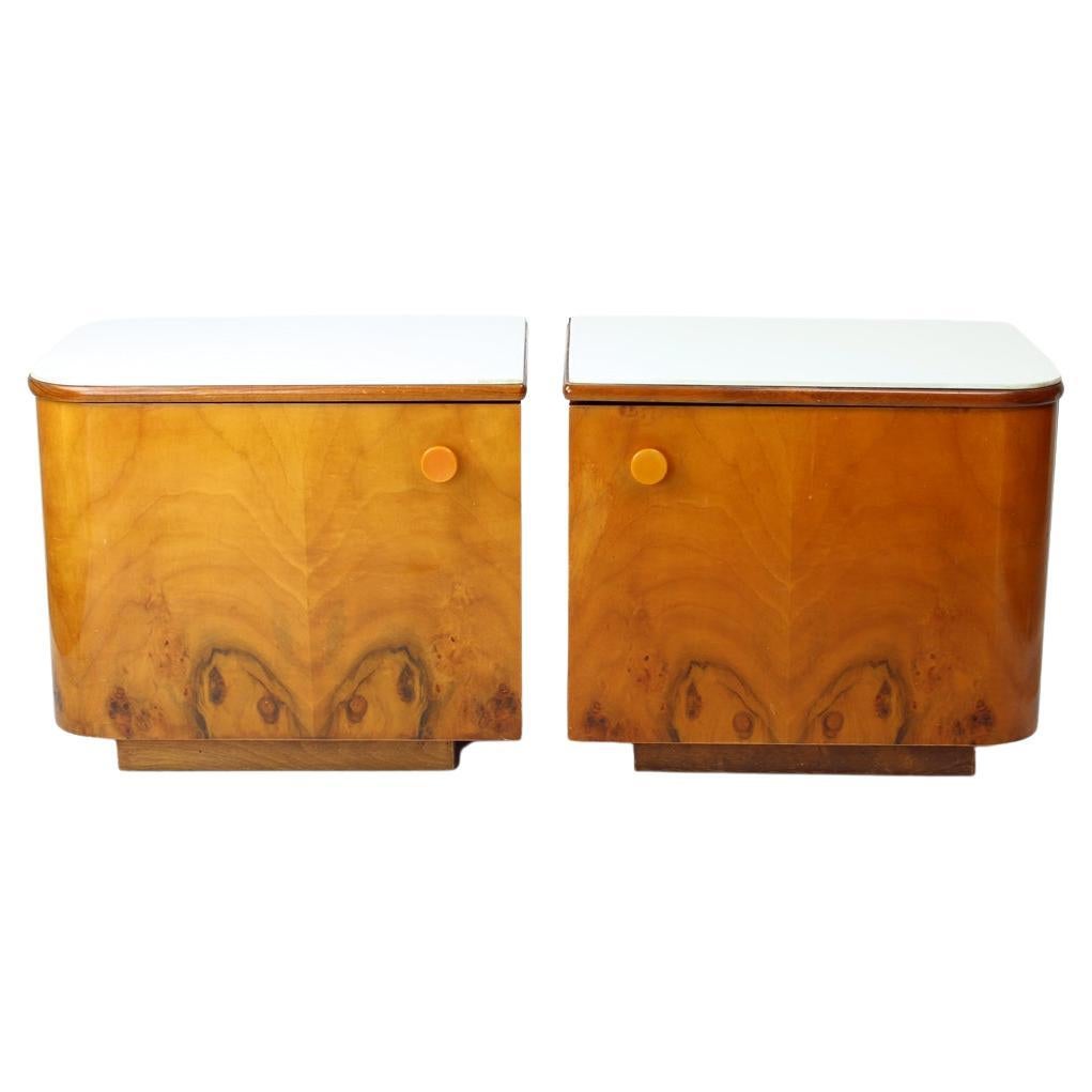 1960s Bedside Tables In Walnut And White Glass, Czechoslovakia For Sale