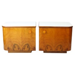 1960s Bedside Tables In Walnut And White Glass, Czechoslovakia