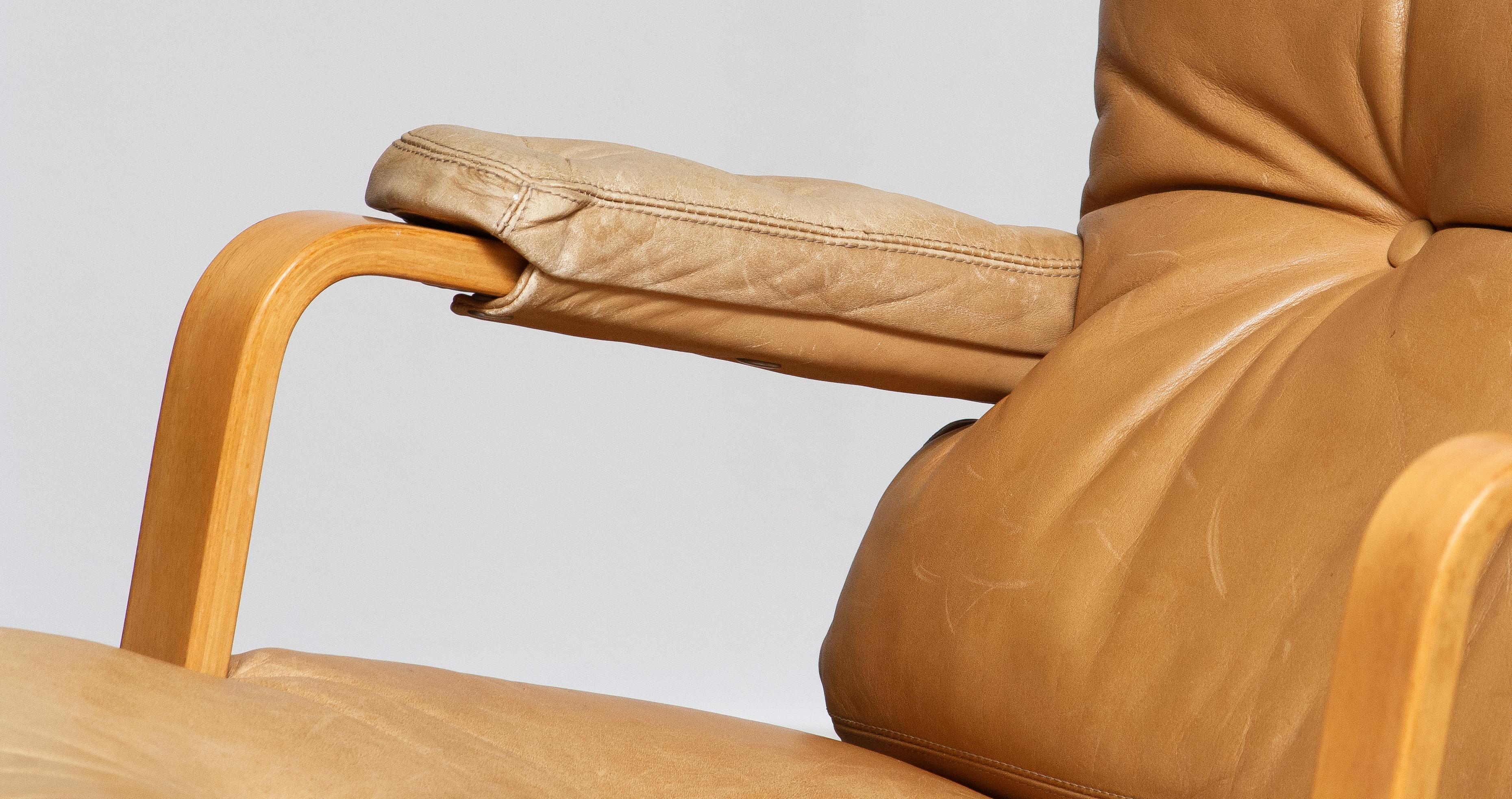 1960s, Beech and Leather Lounge / Easy Chair by Bruno Mathsson for DUX in Camel 5
