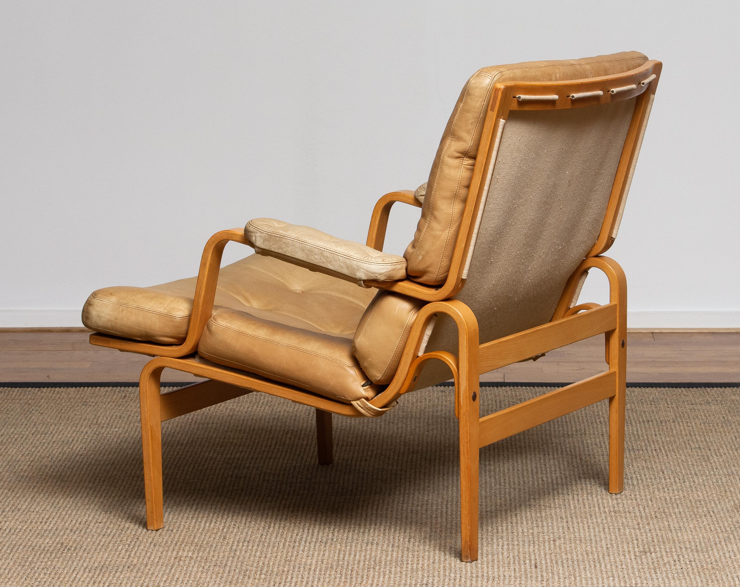 1960s, Beech and Leather Lounge / Easy Chair by Bruno Mathsson for DUX in Camel 1