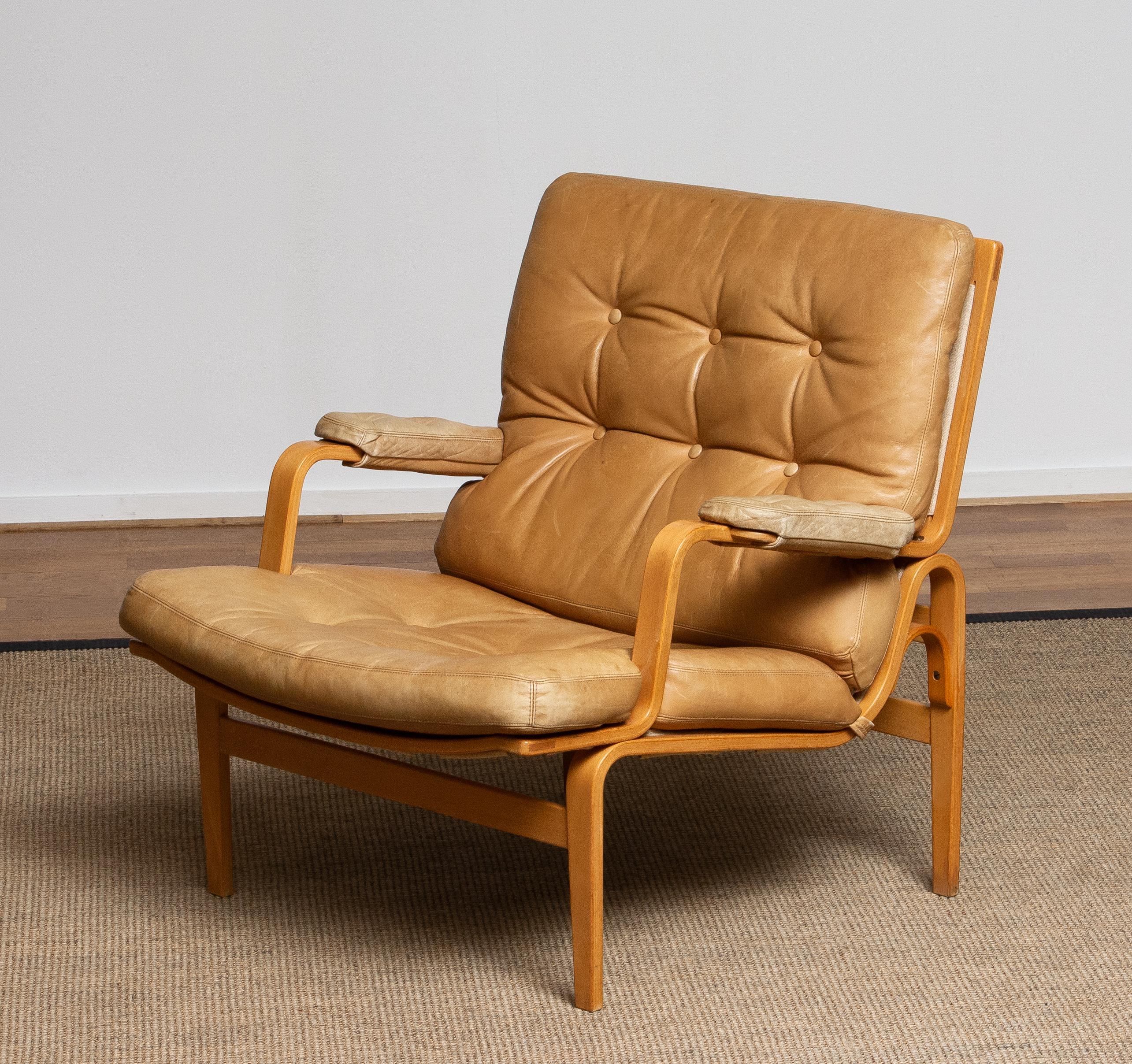 1960s, Beech and Leather Lounge / Easy Chair by Bruno Mathsson for DUX in Camel 3