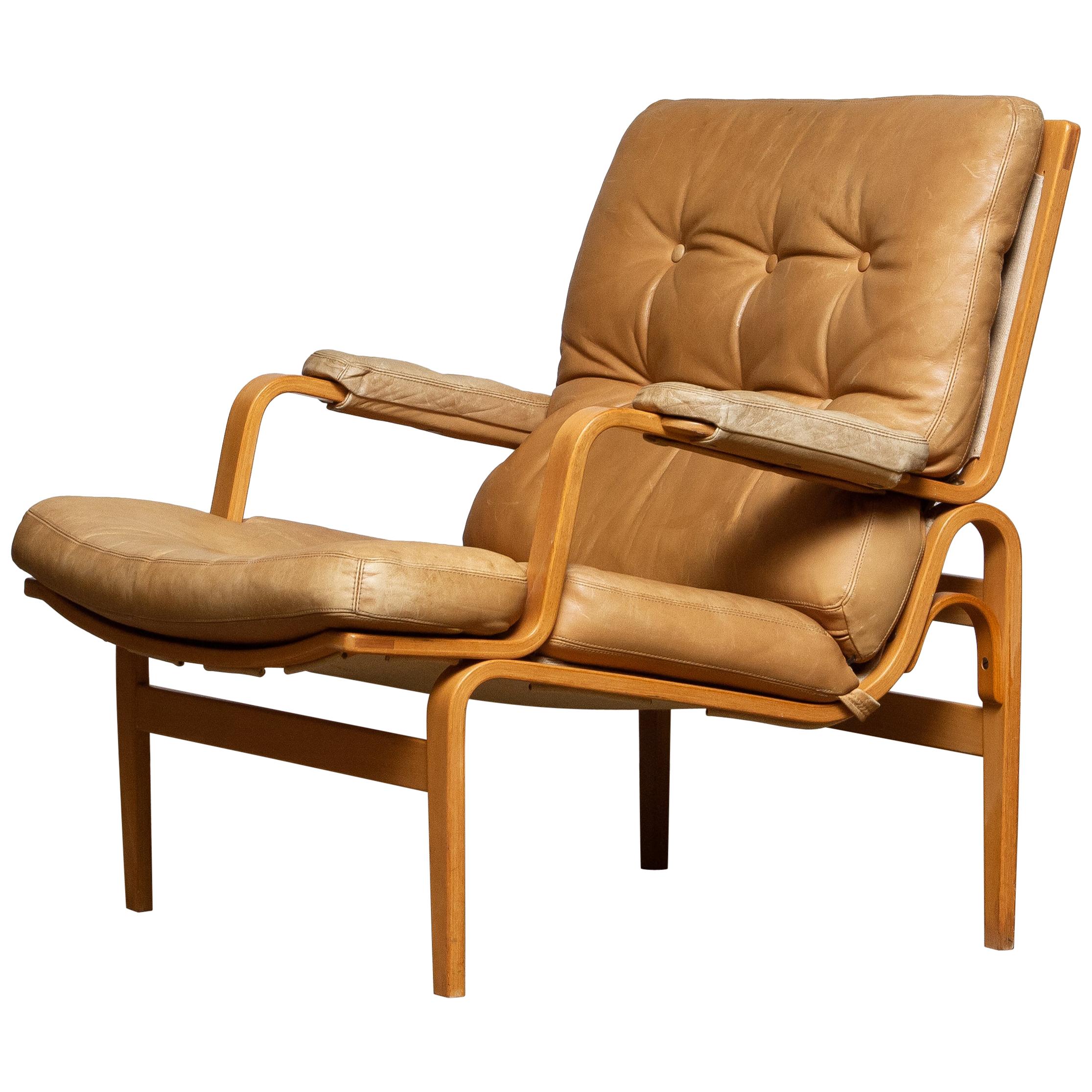 1960s, Beech and Leather Lounge / Easy Chair by Bruno Mathsson for DUX in Camel